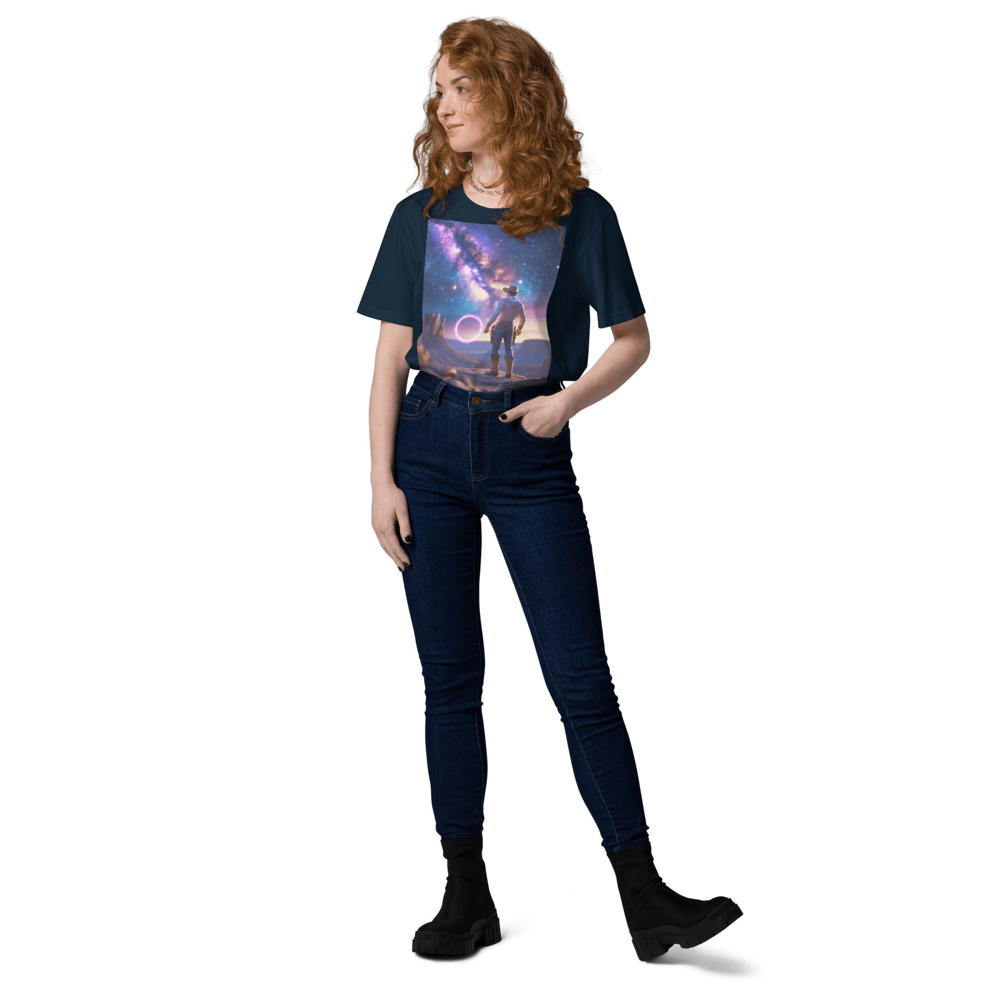 Cosmic Cowboy Organic Cotton T-Shirt - Space Western Graphic Tee - Design Delight Studio