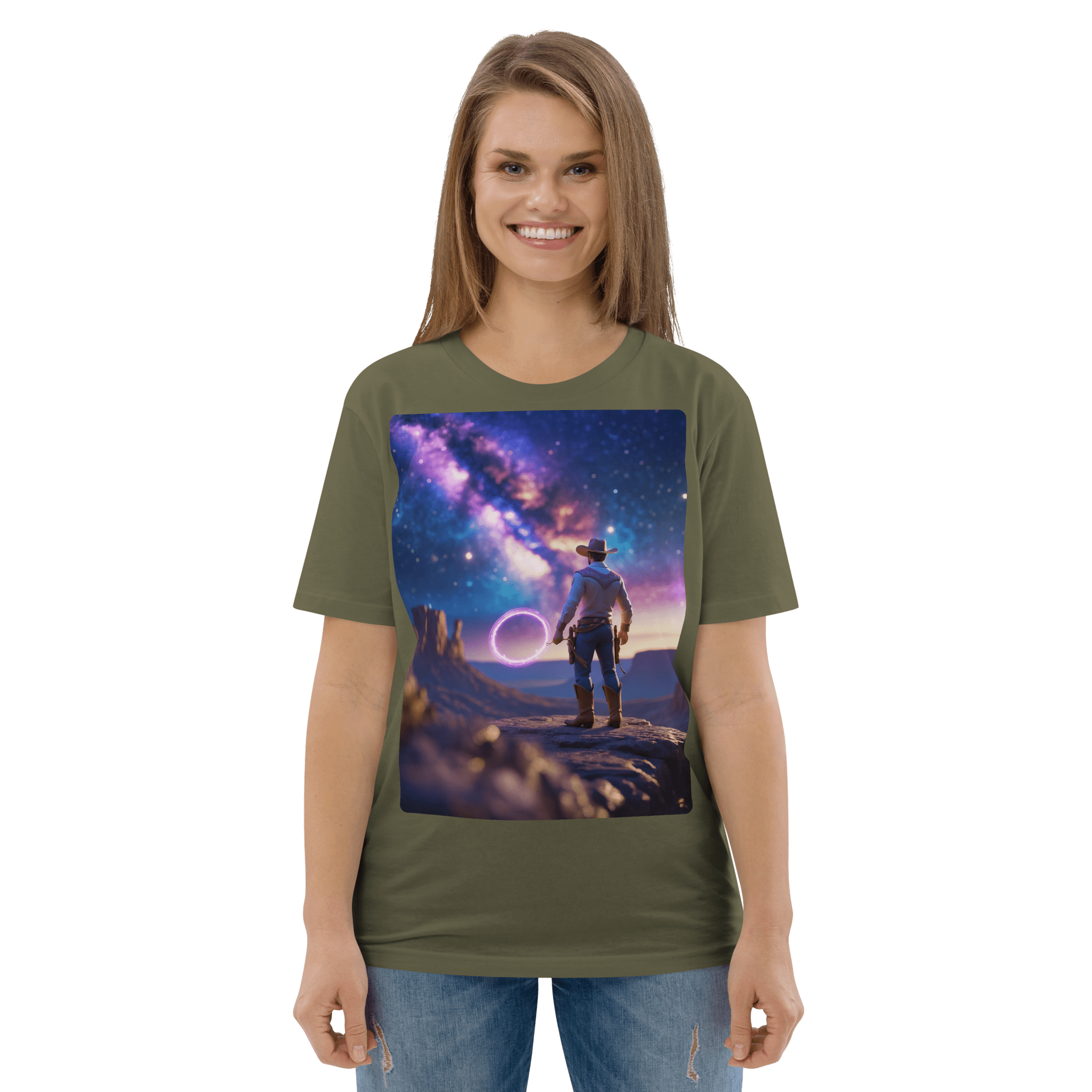 Cosmic Cowboy Organic Cotton T-Shirt - Space Western Graphic Tee - Design Delight Studio