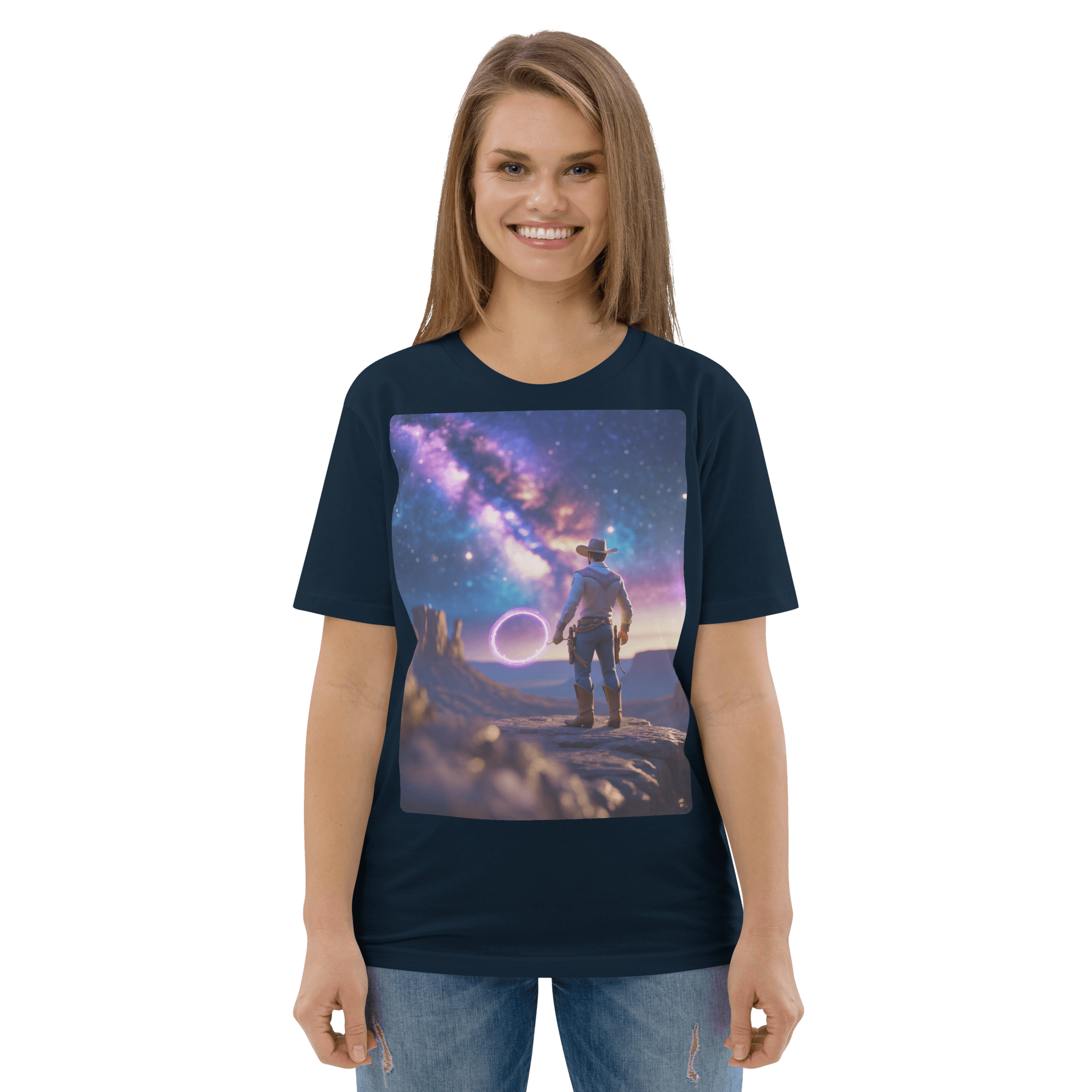 Cosmic Cowboy Organic Cotton T-Shirt - Space Western Graphic Tee - Design Delight Studio