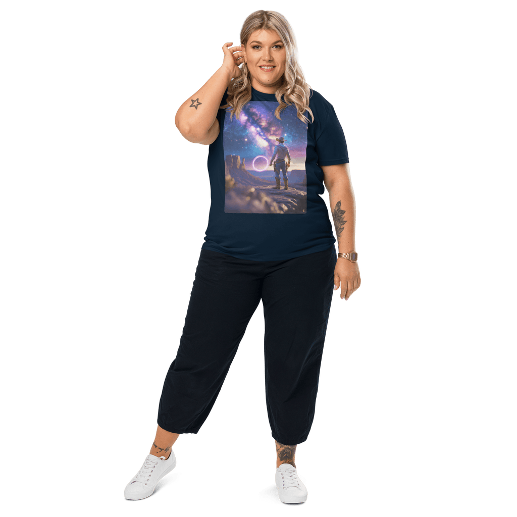 Cosmic Cowboy Organic Cotton T-Shirt - Space Western Graphic Tee - Design Delight Studio