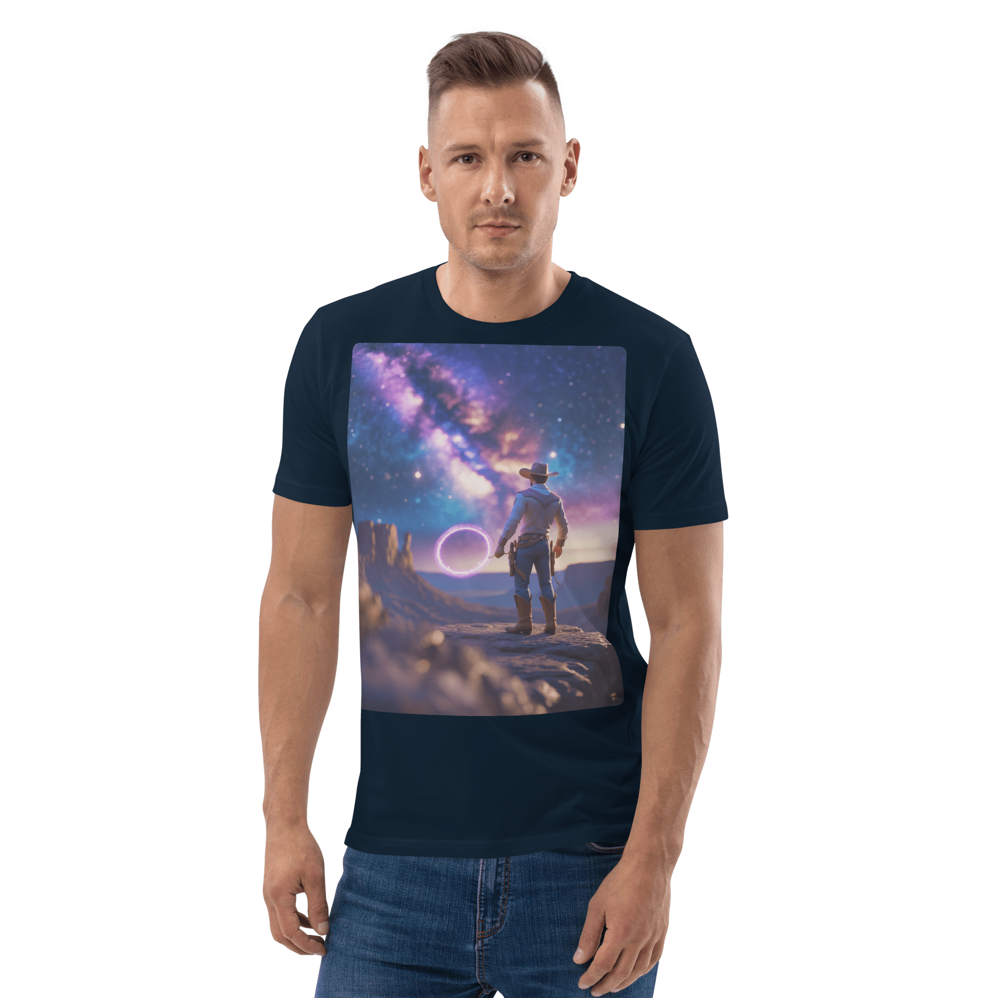 Cosmic Cowboy Organic Cotton T-Shirt - Space Western Graphic Tee - Design Delight Studio