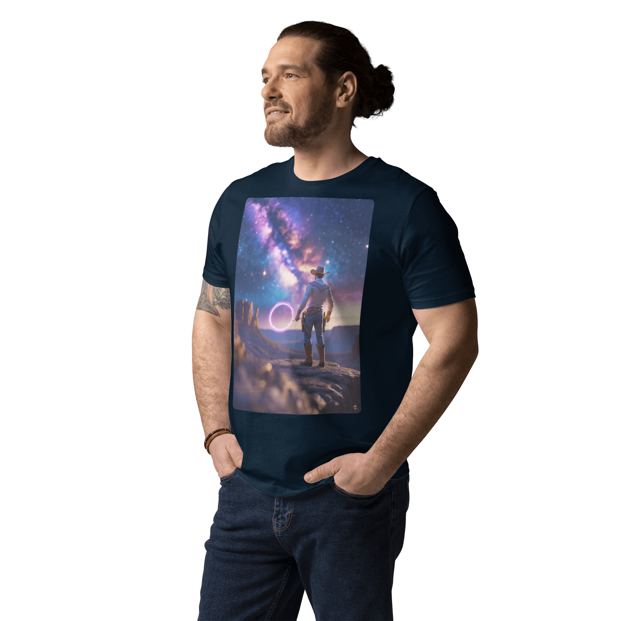 Cosmic Cowboy Organic Cotton T-Shirt - Space Western Graphic Tee - Design Delight Studio