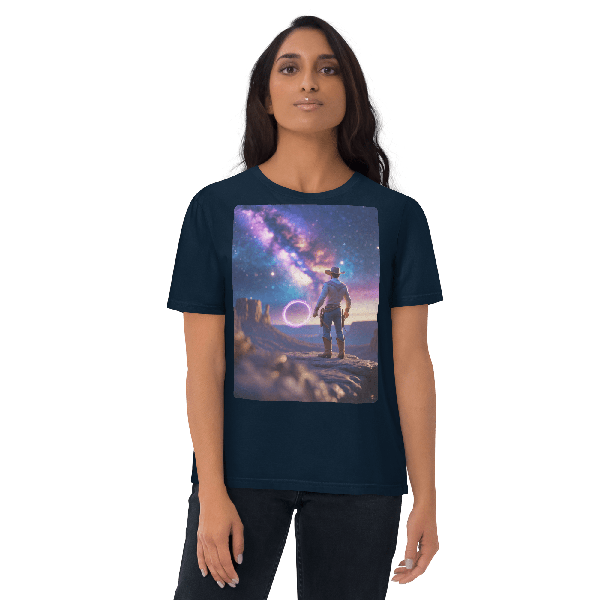 Cosmic Cowboy Organic Cotton T-Shirt - Space Western Graphic Tee - Design Delight Studio