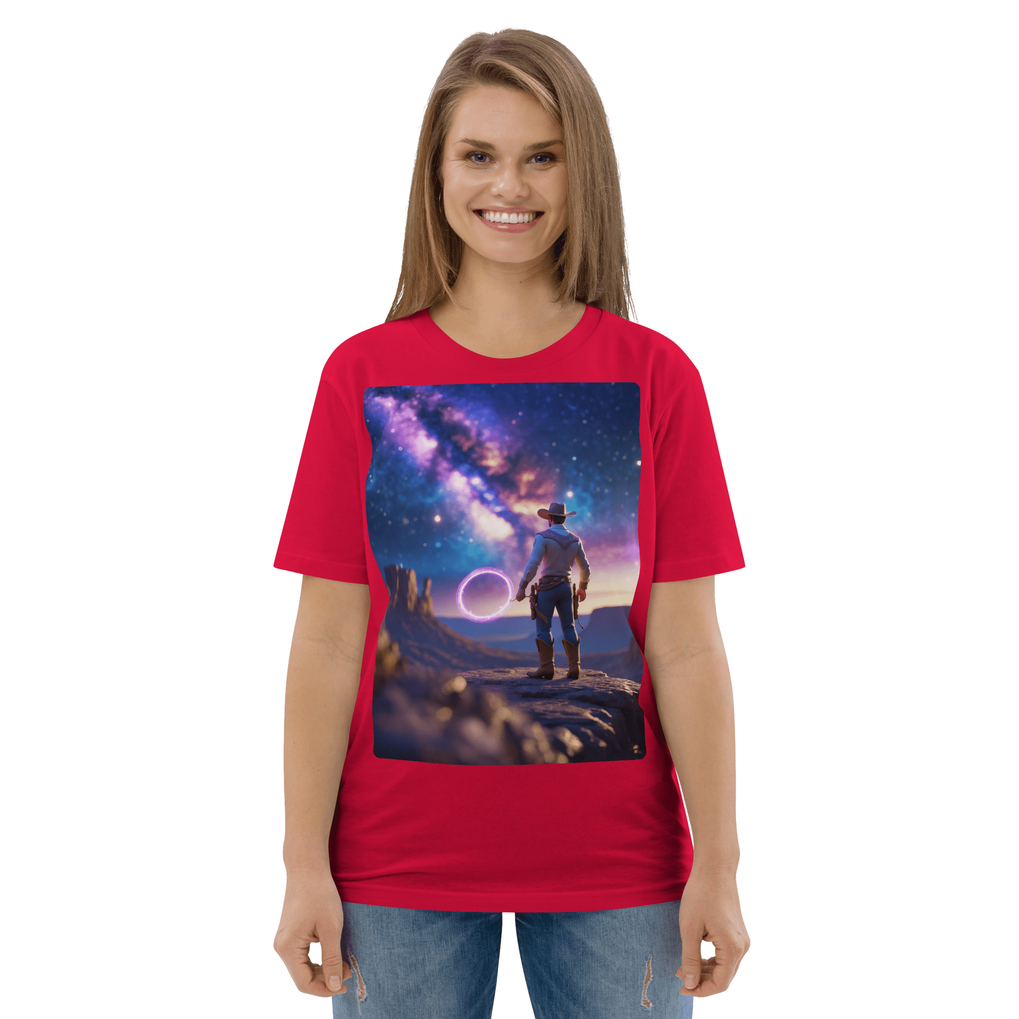 Cosmic Cowboy Organic Cotton T-Shirt - Space Western Graphic Tee - Design Delight Studio