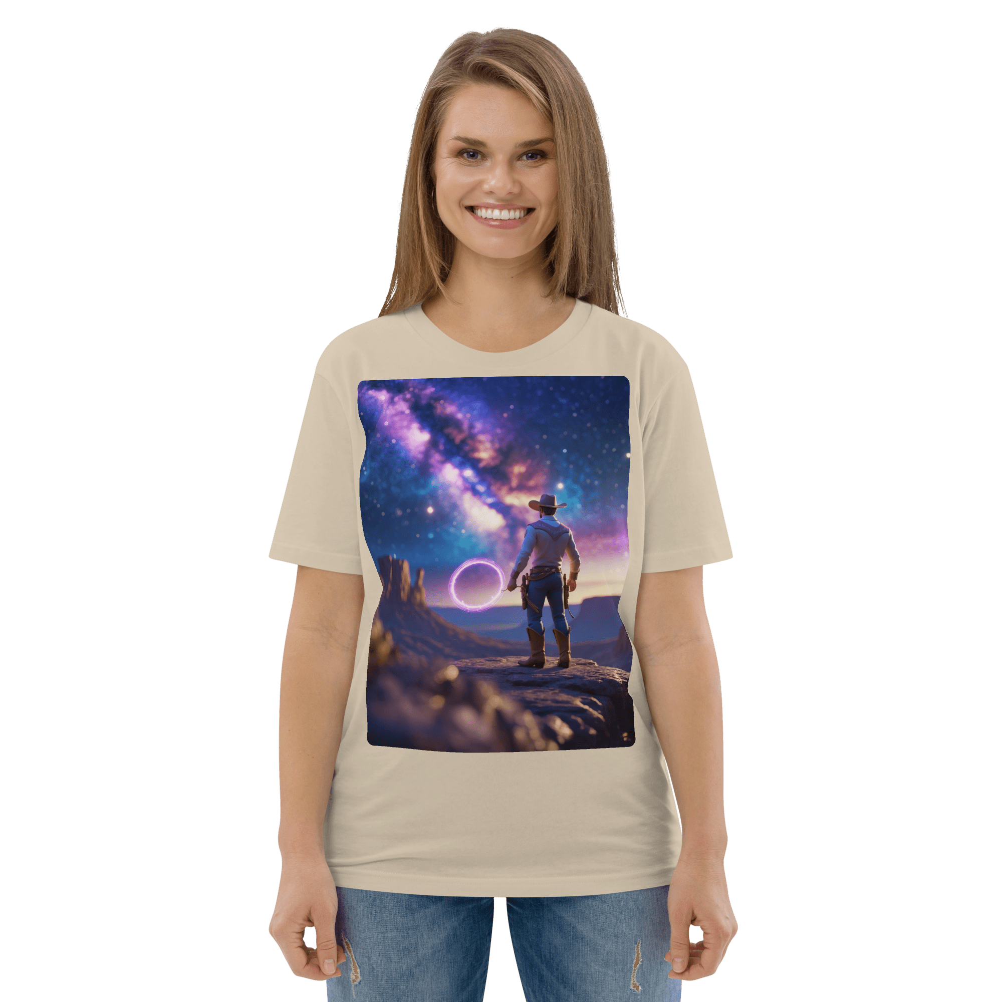 Cosmic Cowboy Organic Cotton T-Shirt - Space Western Graphic Tee - Design Delight Studio