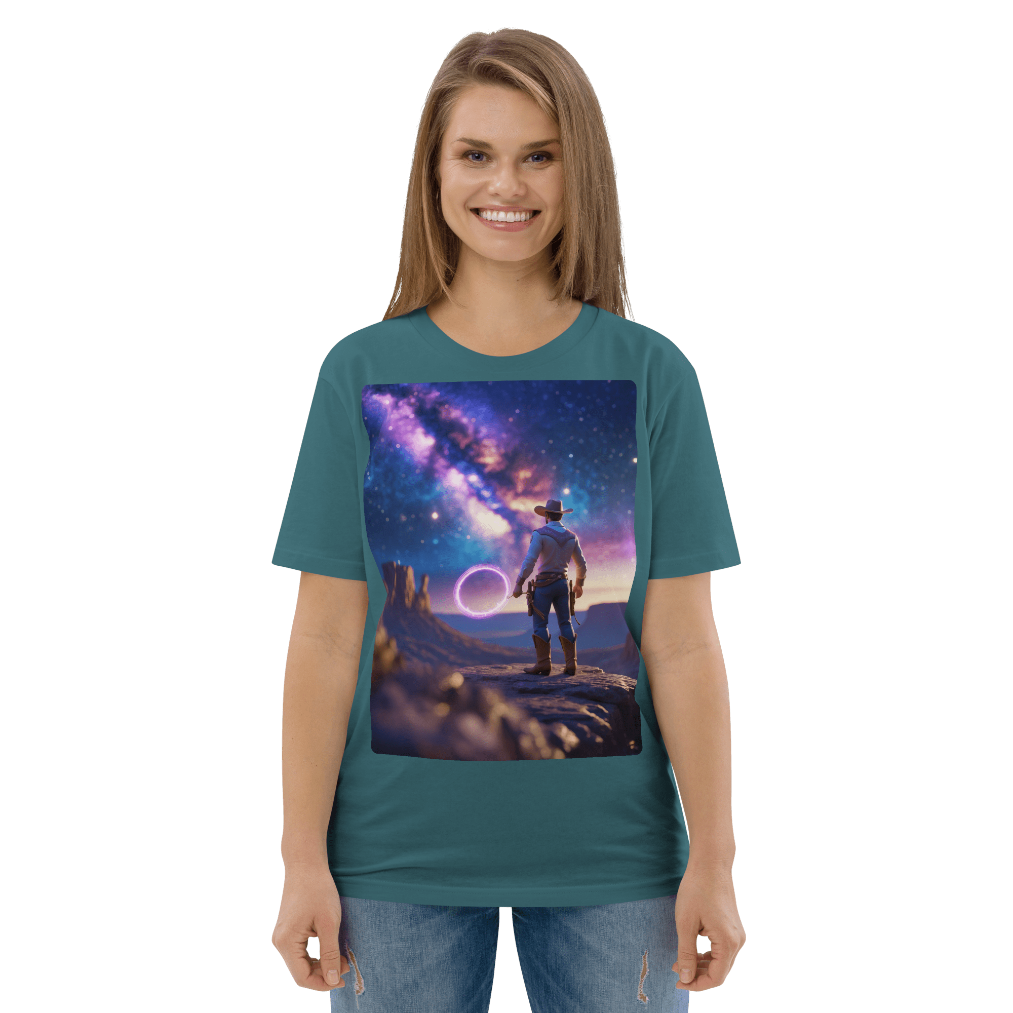 Cosmic Cowboy Organic Cotton T-Shirt - Space Western Graphic Tee - Design Delight Studio