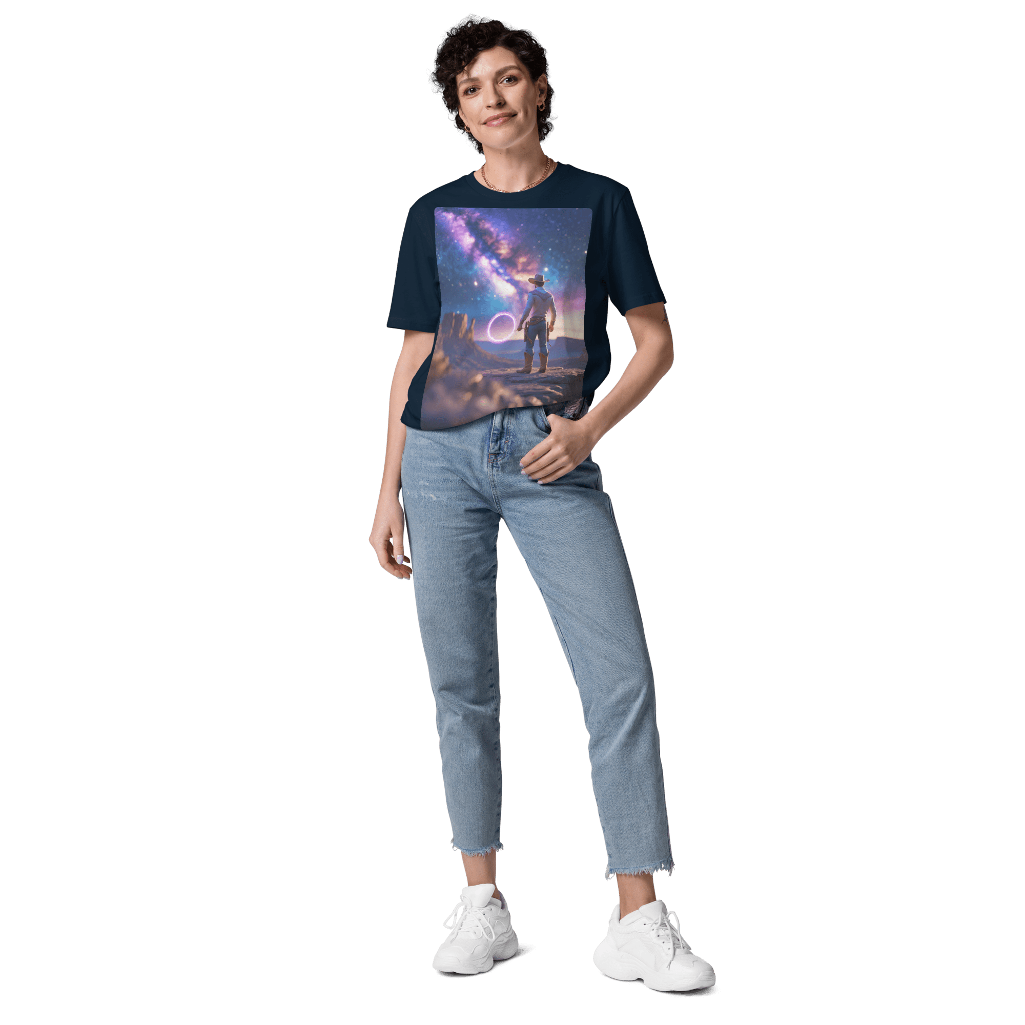 Cosmic Cowboy Organic Cotton T-Shirt - Space Western Graphic Tee - Design Delight Studio