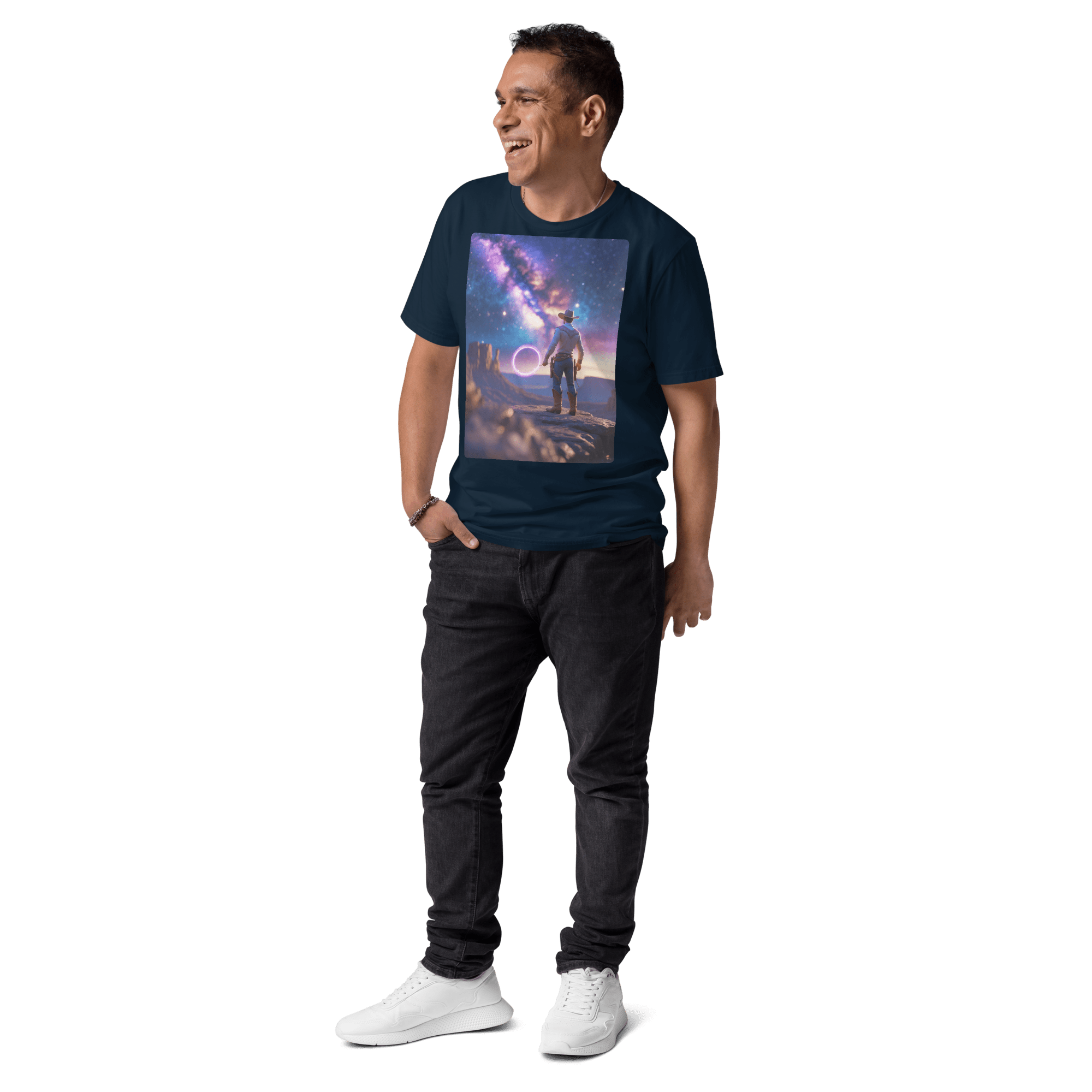 Cosmic Cowboy Organic Cotton T-Shirt - Space Western Graphic Tee - Design Delight Studio