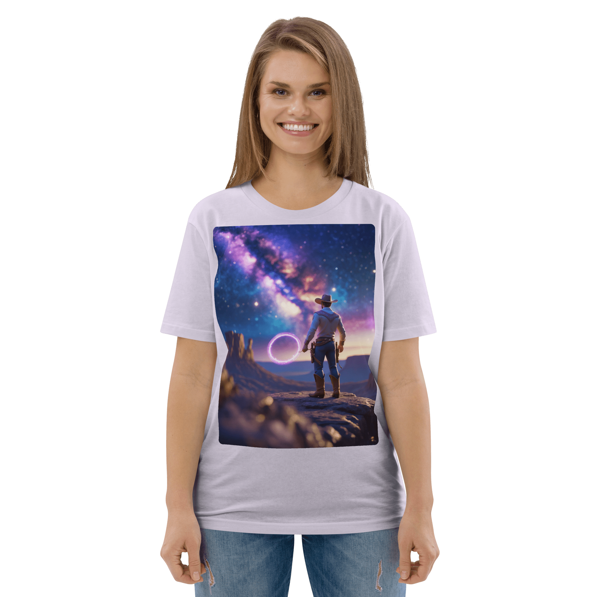 Cosmic Cowboy Organic Cotton T-Shirt - Space Western Graphic Tee - Design Delight Studio