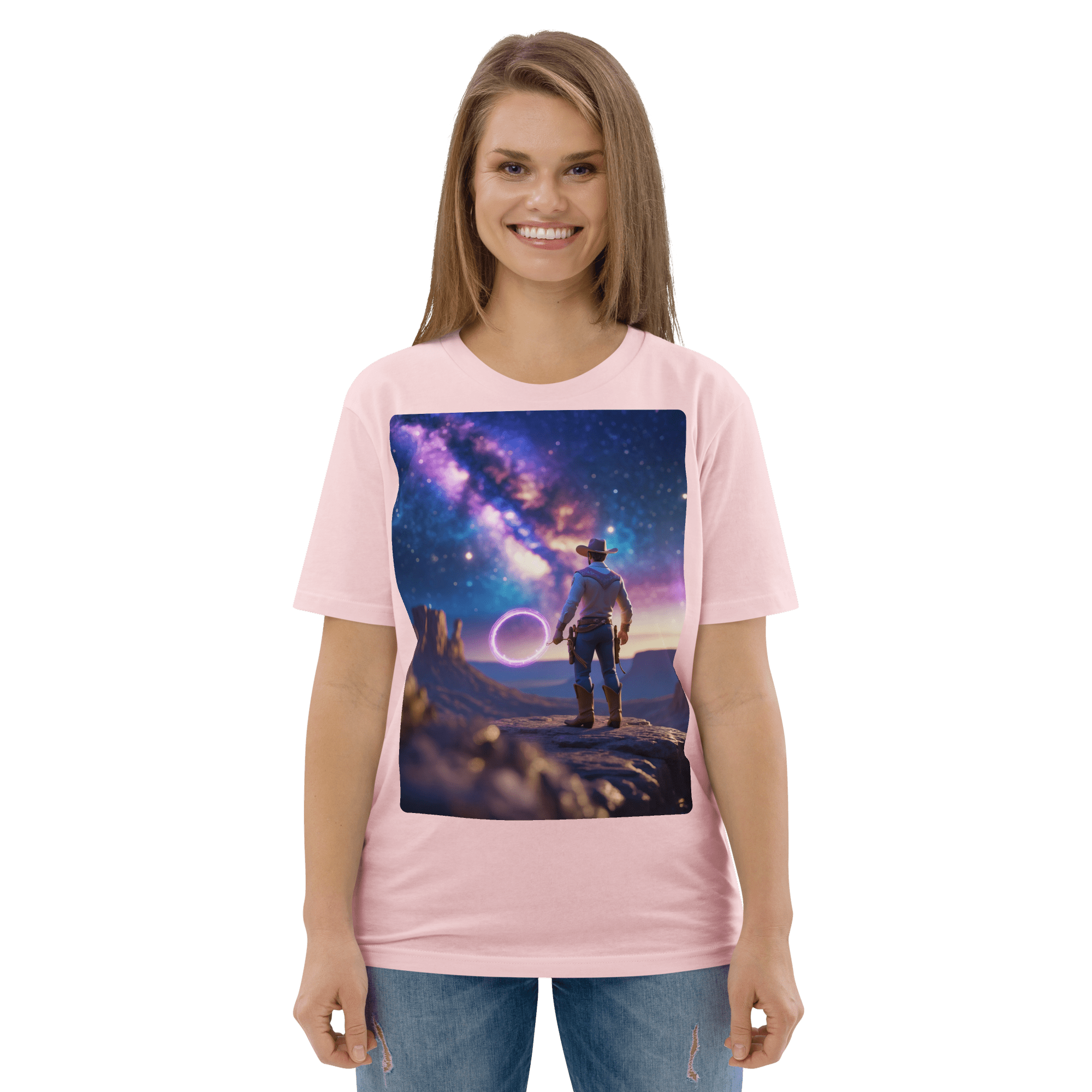 Cosmic Cowboy Organic Cotton T-Shirt - Space Western Graphic Tee - Design Delight Studio