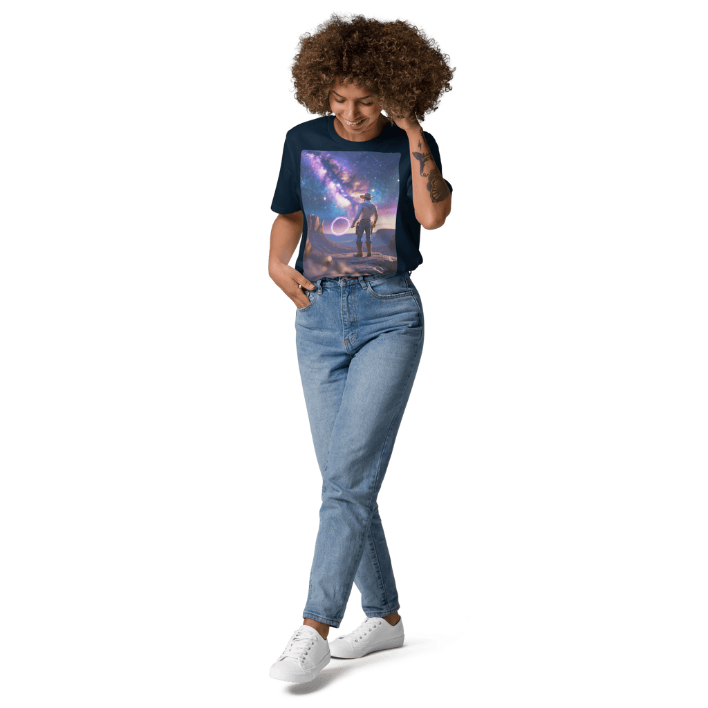 Cosmic Cowboy Organic Cotton T-Shirt - Space Western Graphic Tee - Design Delight Studio