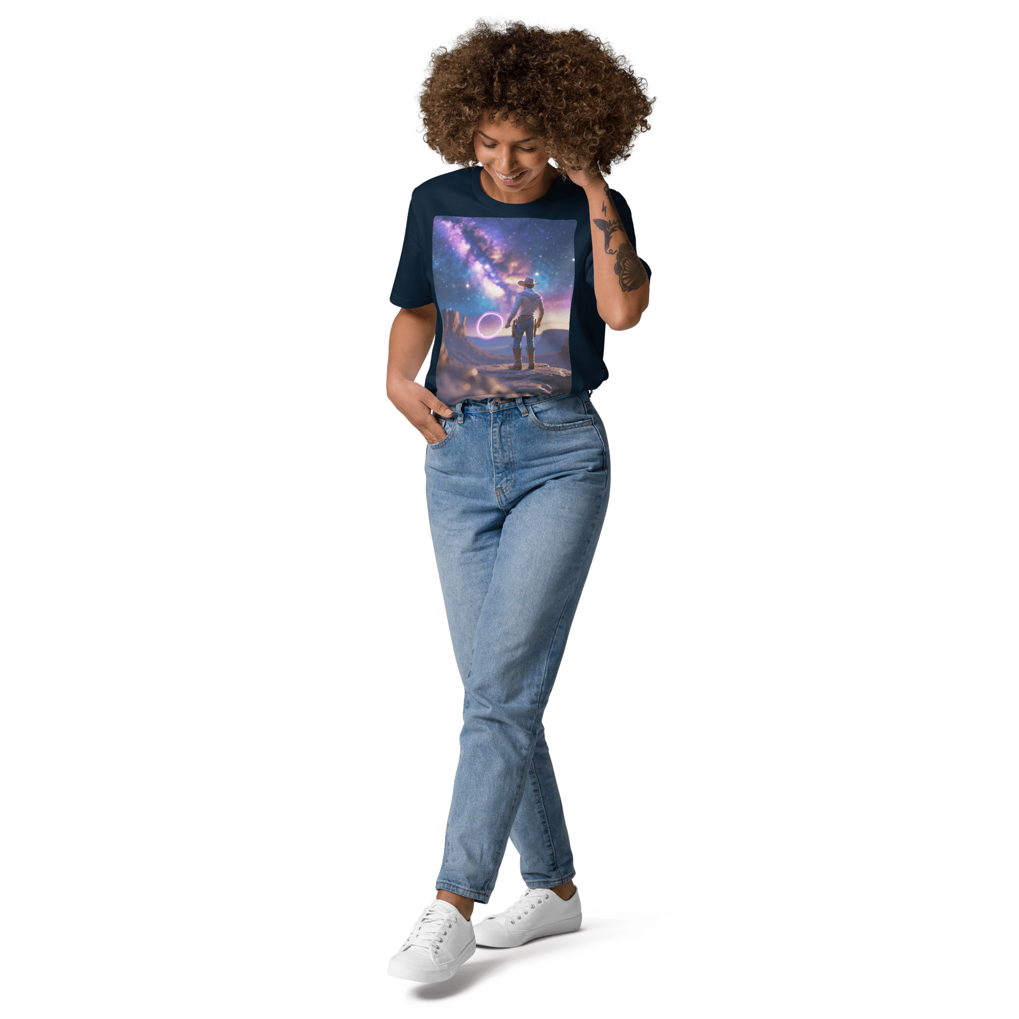 Cosmic Cowboy Organic Cotton T-Shirt - Space Western Graphic Tee - Design Delight Studio