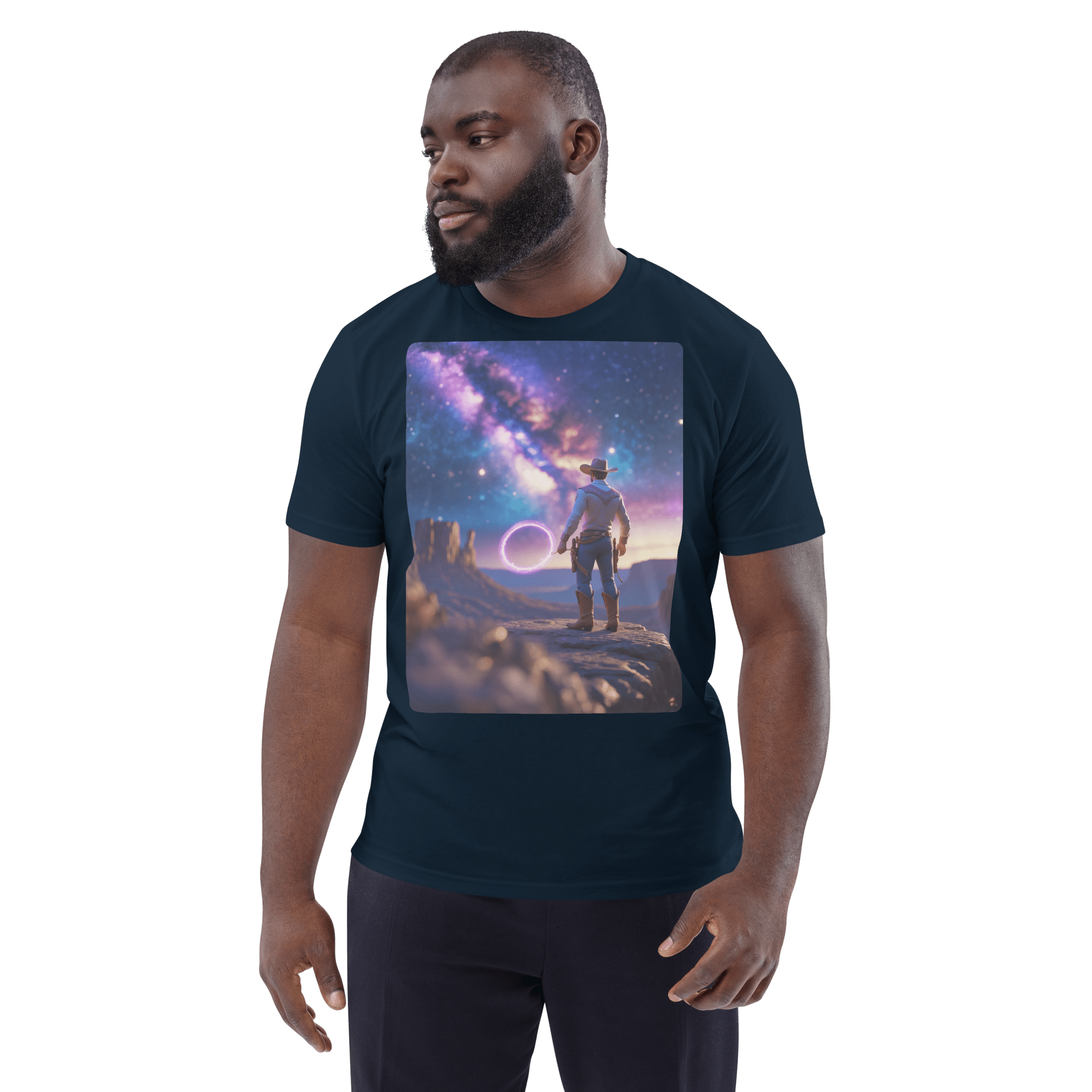 Cosmic Cowboy Organic Cotton T-Shirt - Space Western Graphic Tee - Design Delight Studio
