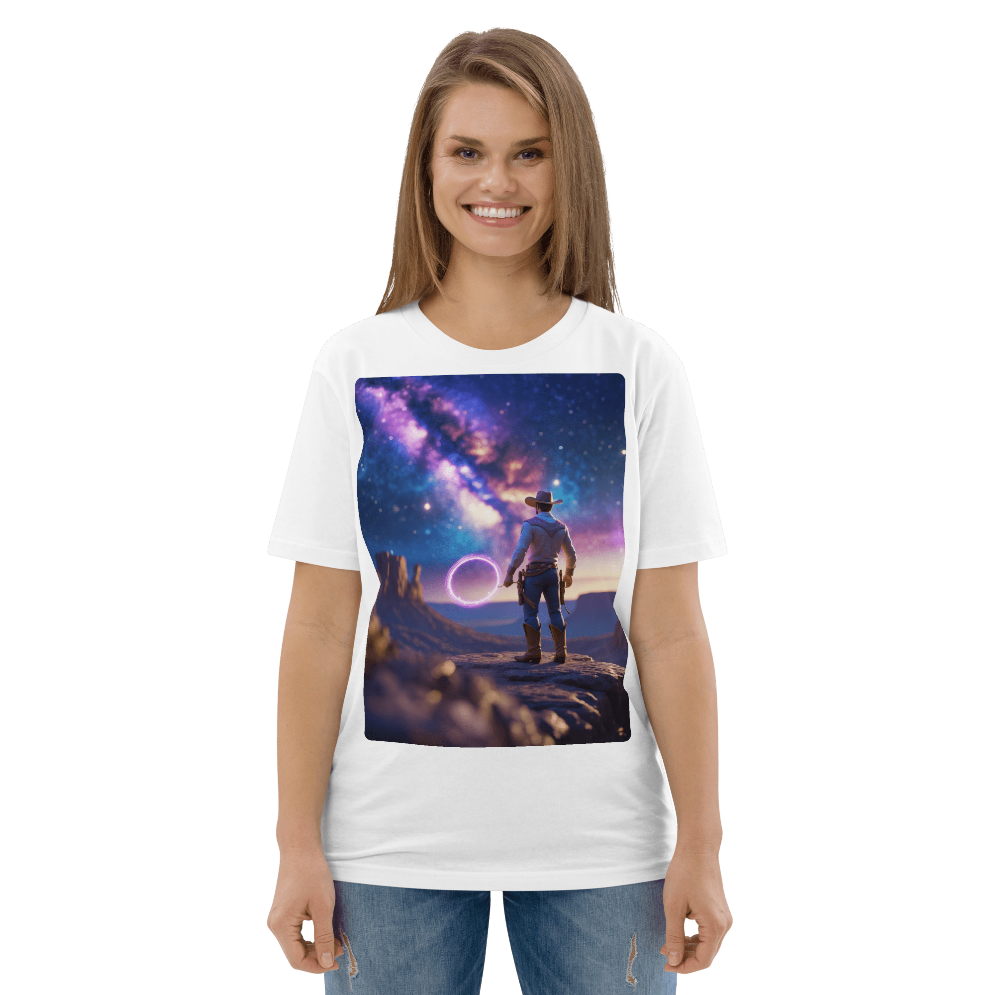 Cosmic Cowboy Organic Cotton T-Shirt - Space Western Graphic Tee - Design Delight Studio