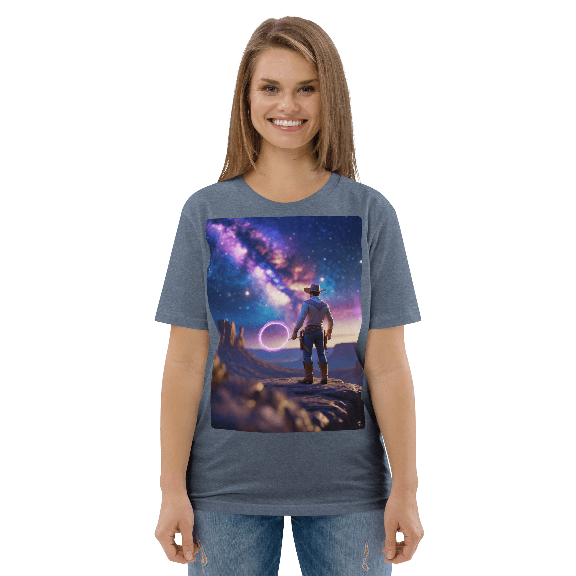 Cosmic Cowboy Organic Cotton T-Shirt - Space Western Graphic Tee - Design Delight Studio