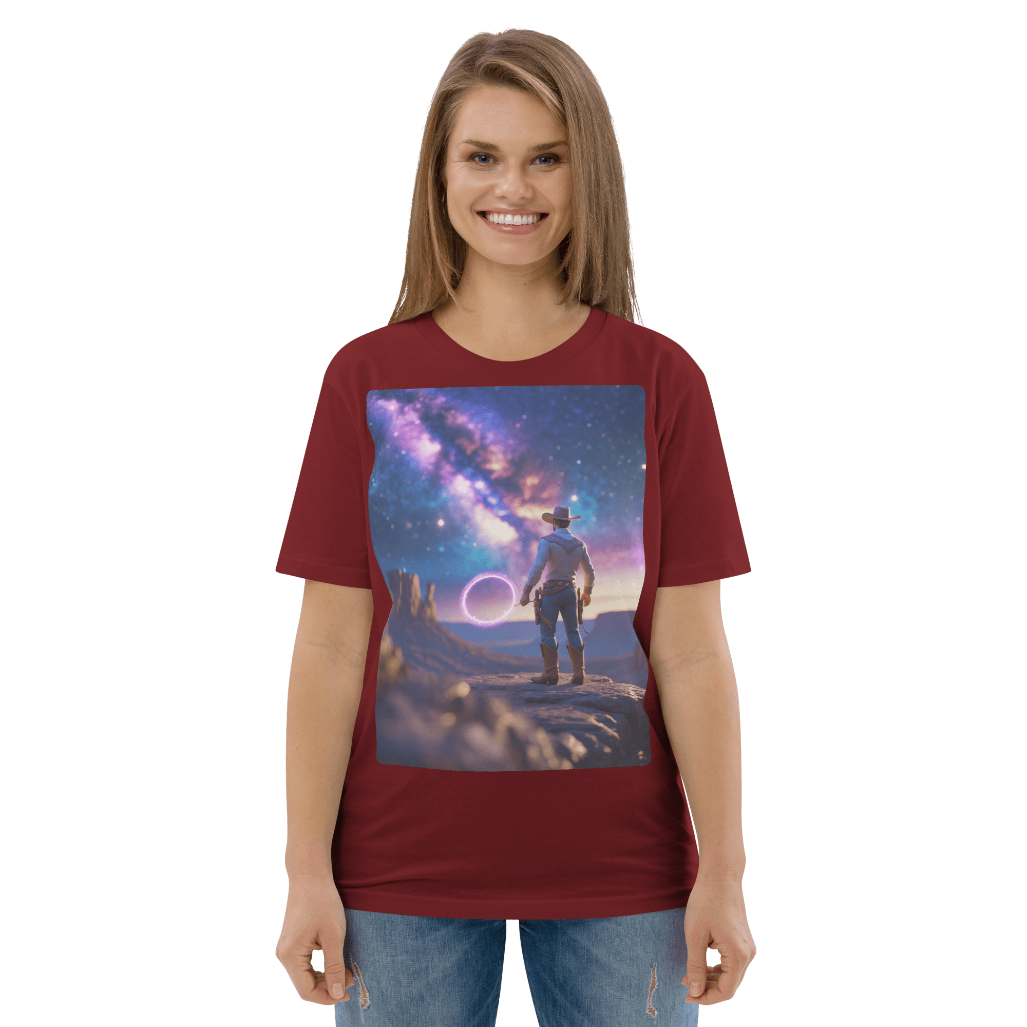 Cosmic Cowboy Organic Cotton T-Shirt - Space Western Graphic Tee - Design Delight Studio