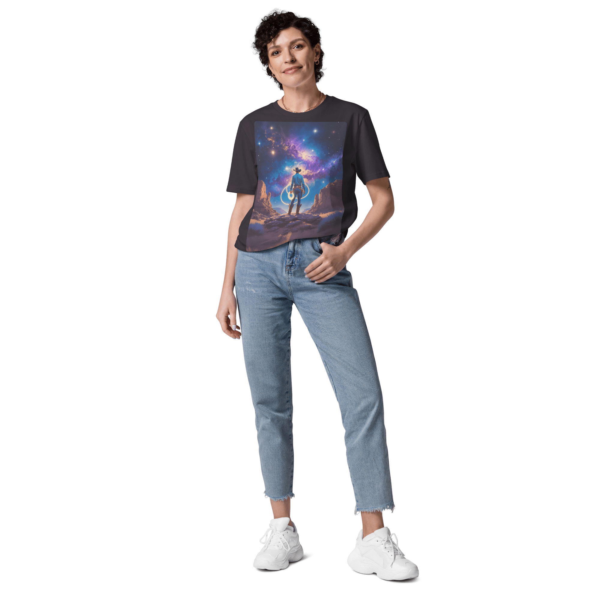 Cosmic Cowboy Organic Cotton T-Shirt - Western Space Art Tee - Design Delight Studio