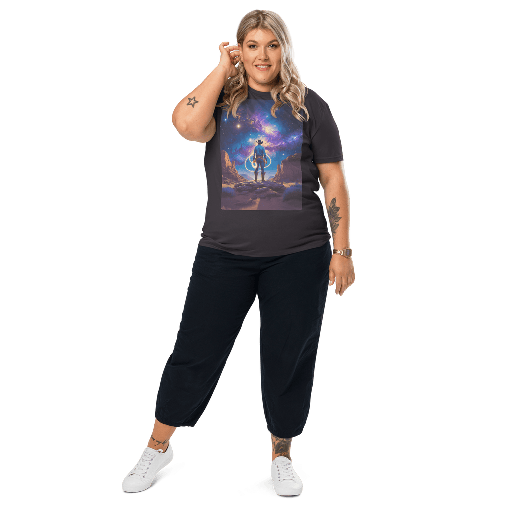 Cosmic Cowboy Organic Cotton T-Shirt - Western Space Art Tee - Design Delight Studio