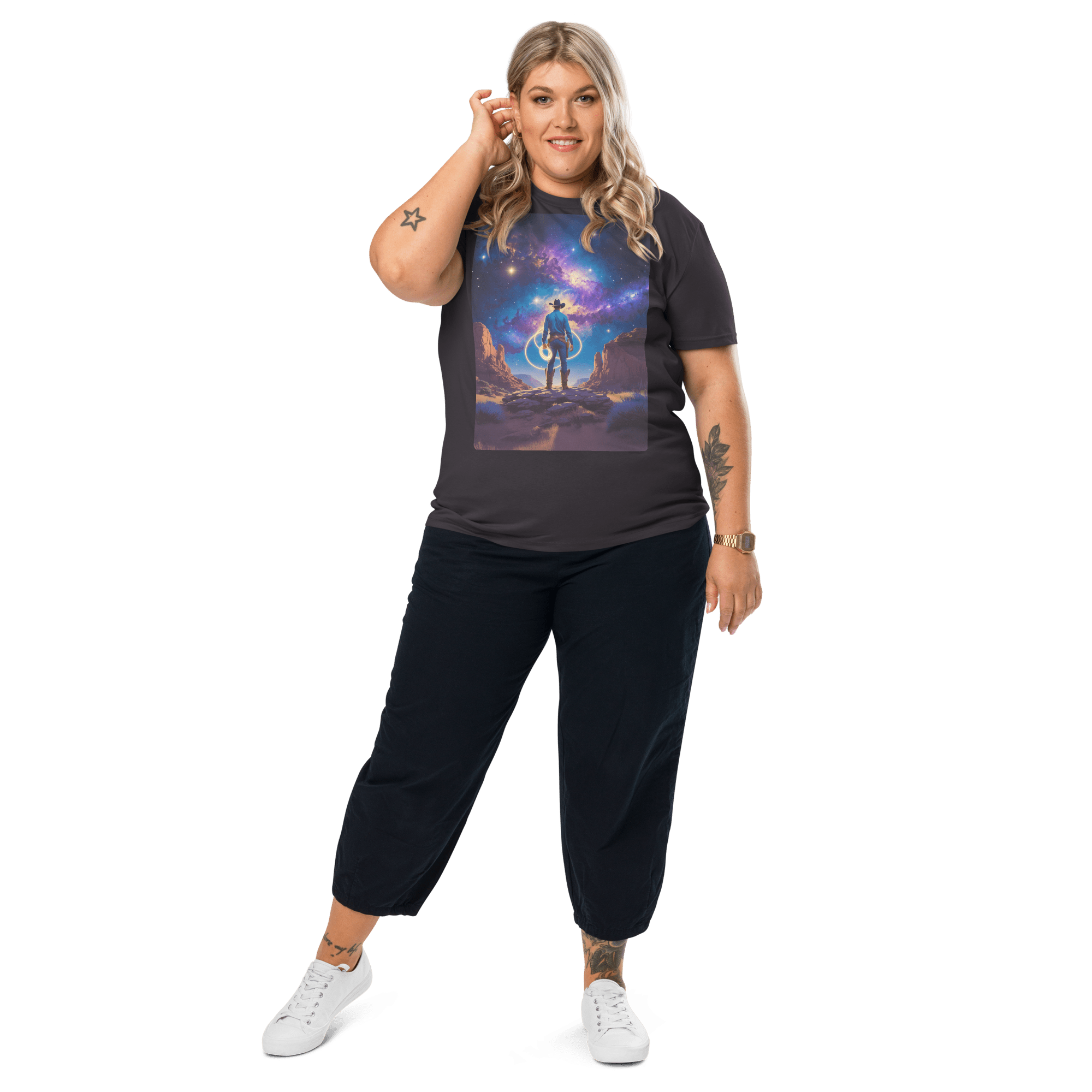 Cosmic Cowboy Organic Cotton T-Shirt - Western Space Art Tee - Design Delight Studio
