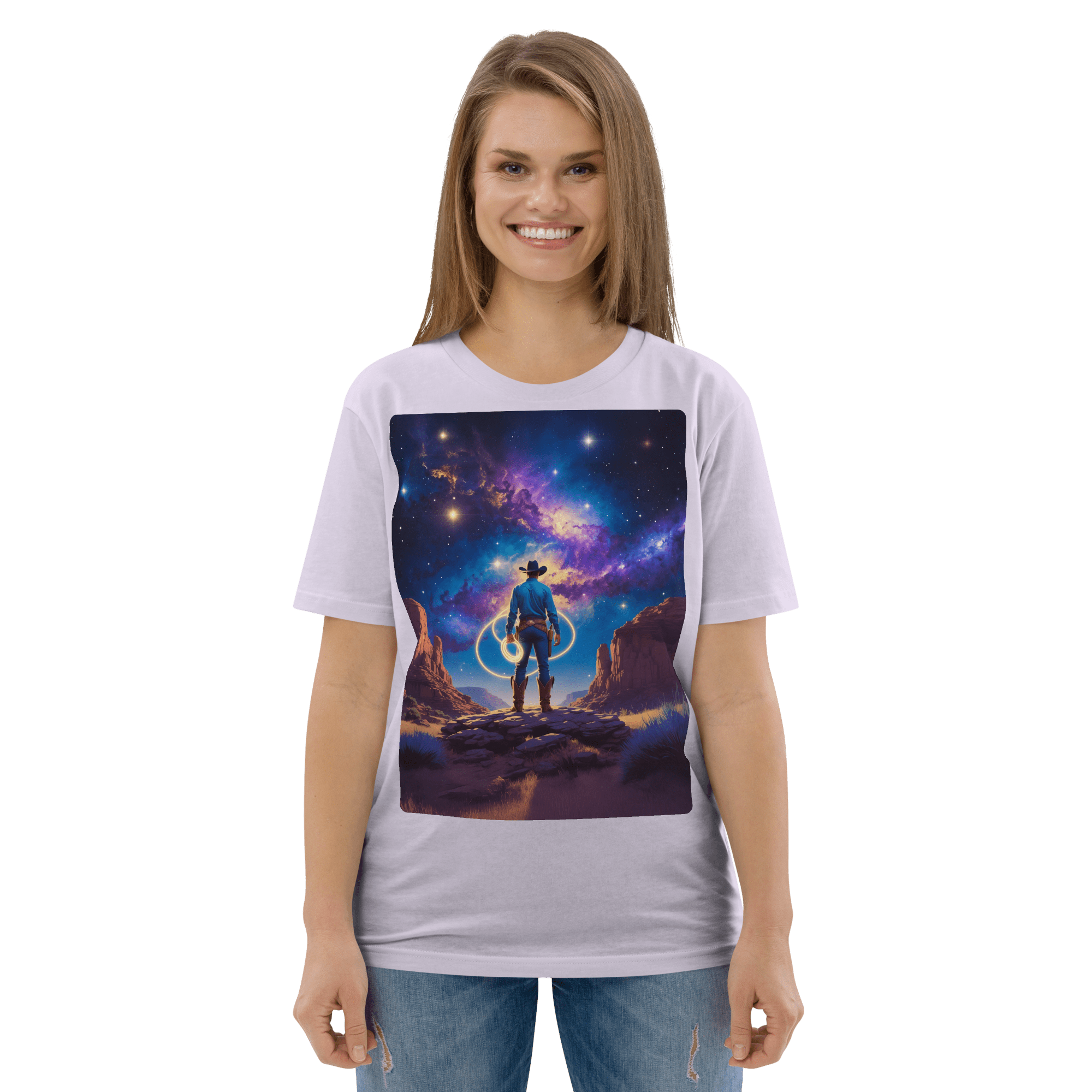 Cosmic Cowboy Organic Cotton T-Shirt - Western Space Art Tee - Design Delight Studio