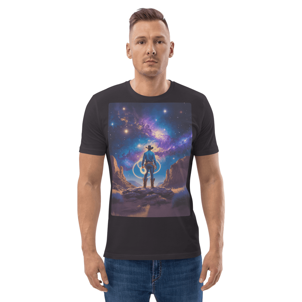 Cosmic Cowboy Organic Cotton T-Shirt - Western Space Art Tee - Design Delight Studio