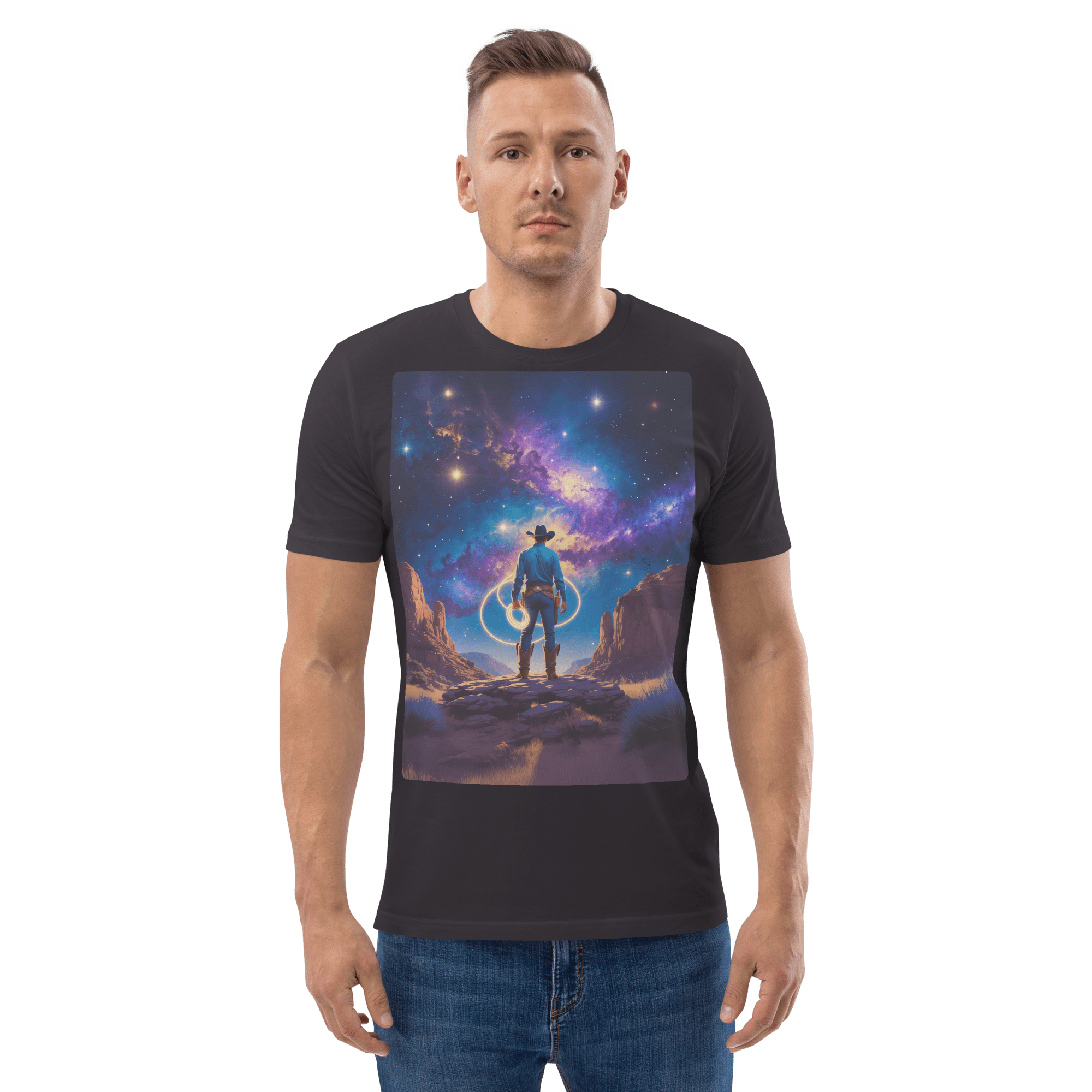 Cosmic Cowboy Organic Cotton T-Shirt - Western Space Art Tee - Design Delight Studio