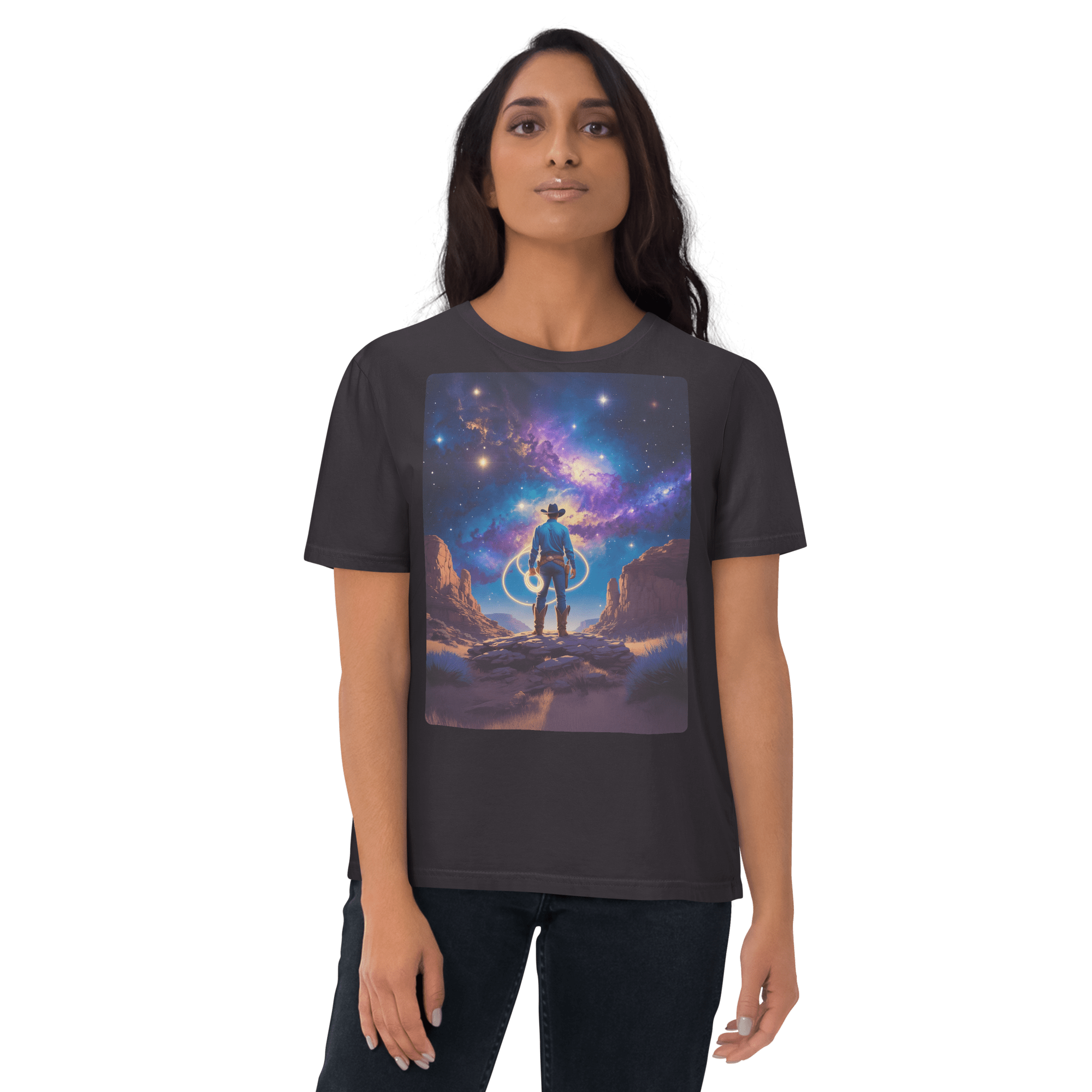 Cosmic Cowboy Organic Cotton T-Shirt - Western Space Art Tee - Design Delight Studio
