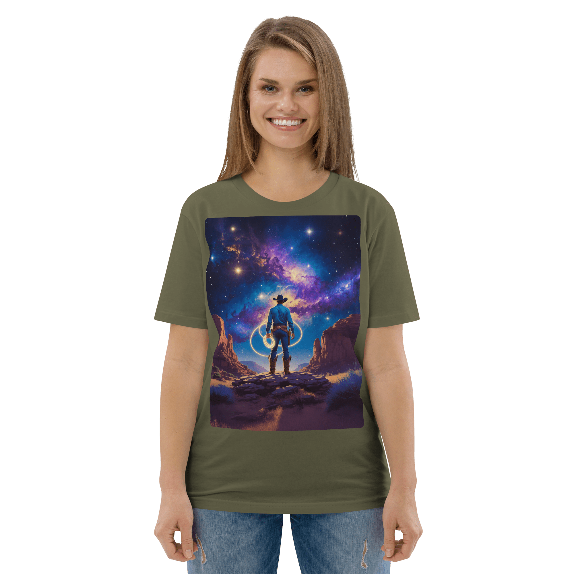 Cosmic Cowboy Organic Cotton T-Shirt - Western Space Art Tee - Design Delight Studio