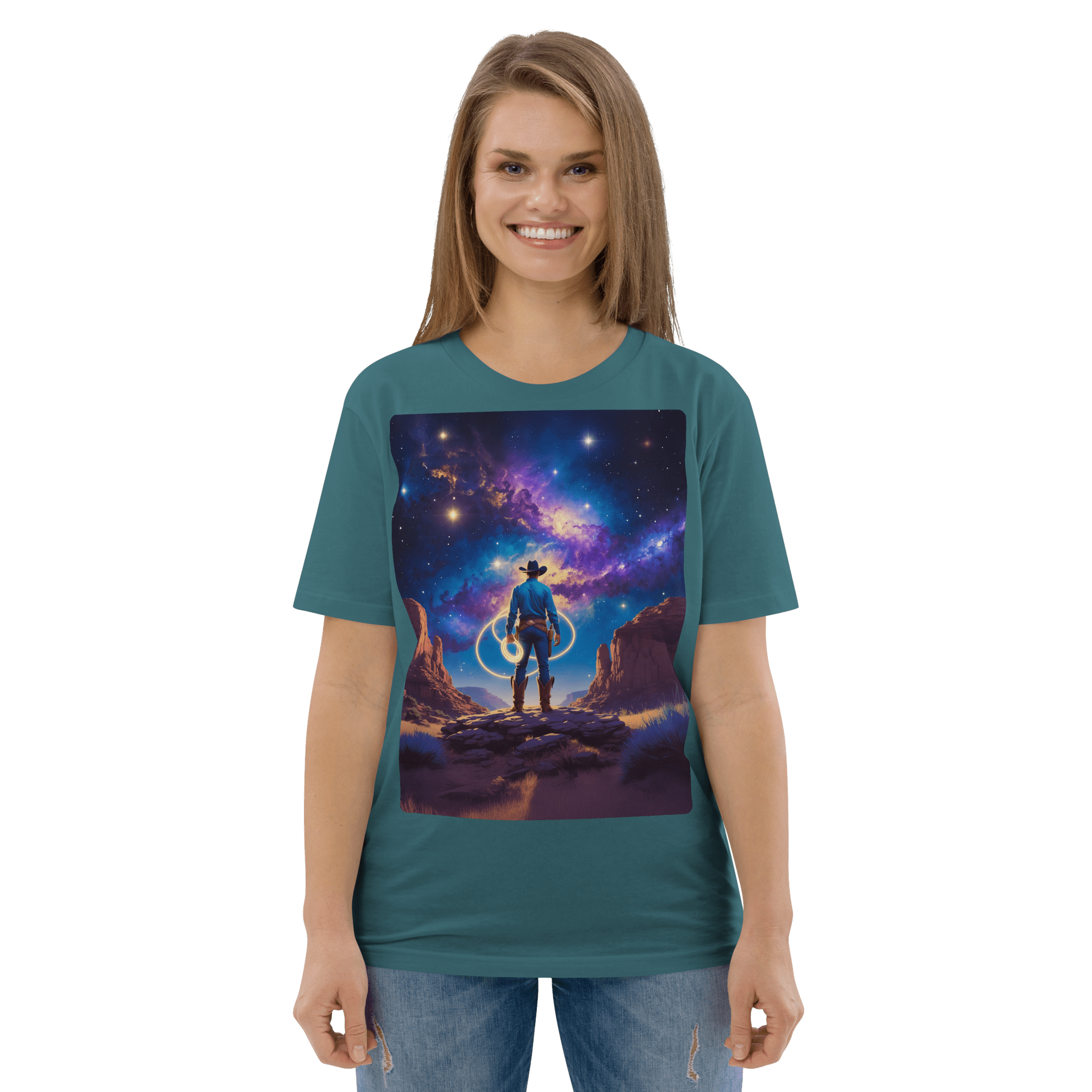 Cosmic Cowboy Organic Cotton T-Shirt - Western Space Art Tee - Design Delight Studio
