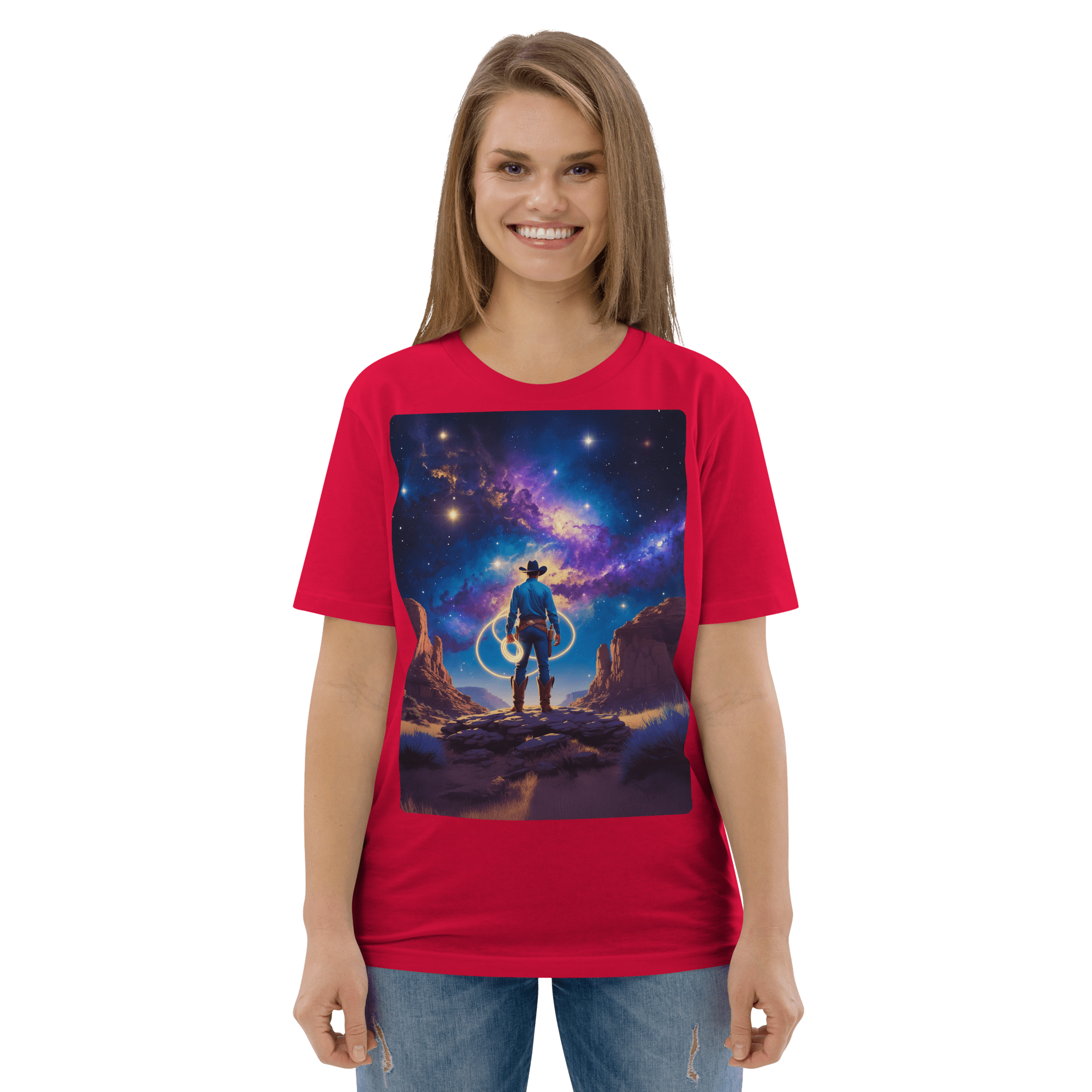 Cosmic Cowboy Organic Cotton T-Shirt - Western Space Art Tee - Design Delight Studio