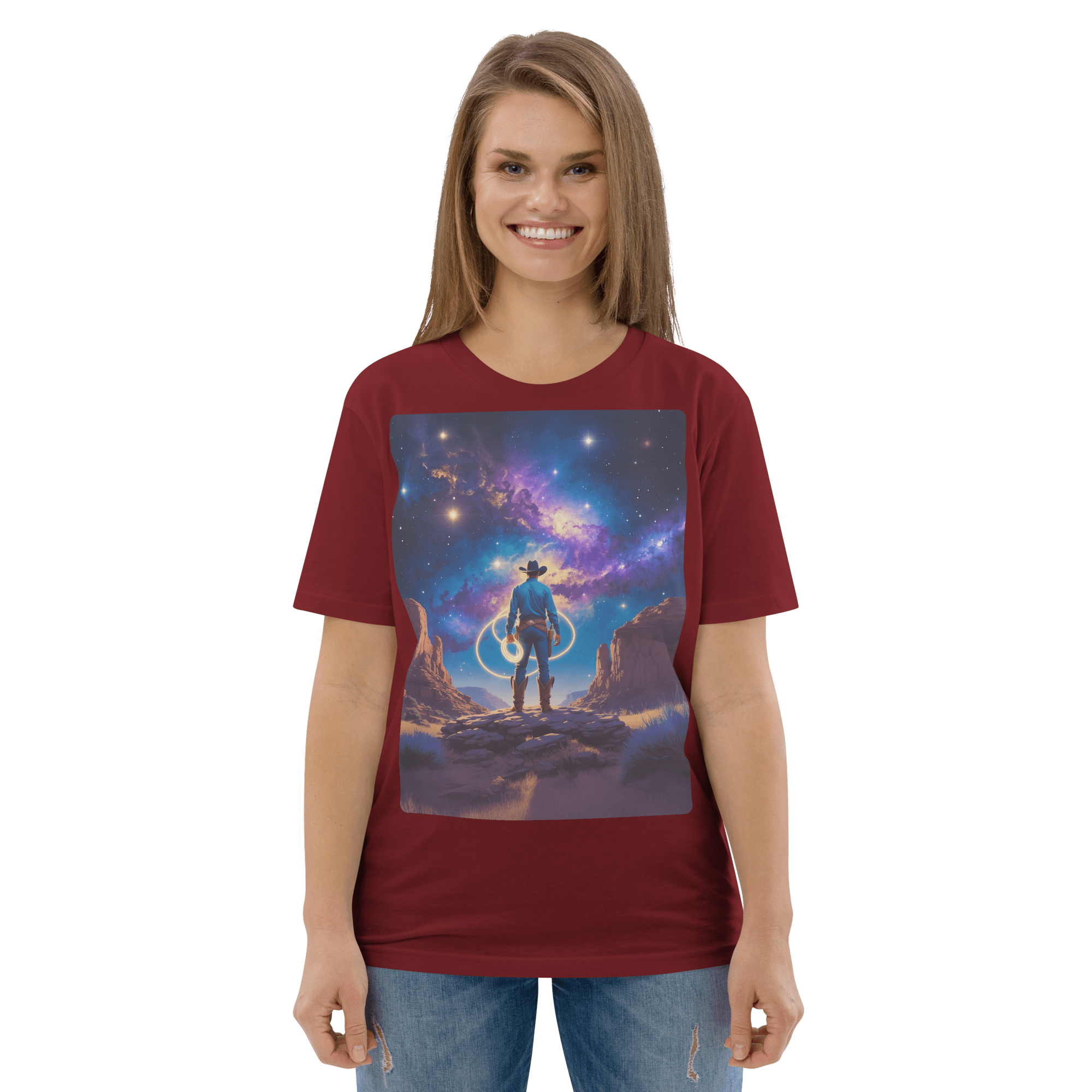 Cosmic Cowboy Organic Cotton T-Shirt - Western Space Art Tee - Design Delight Studio