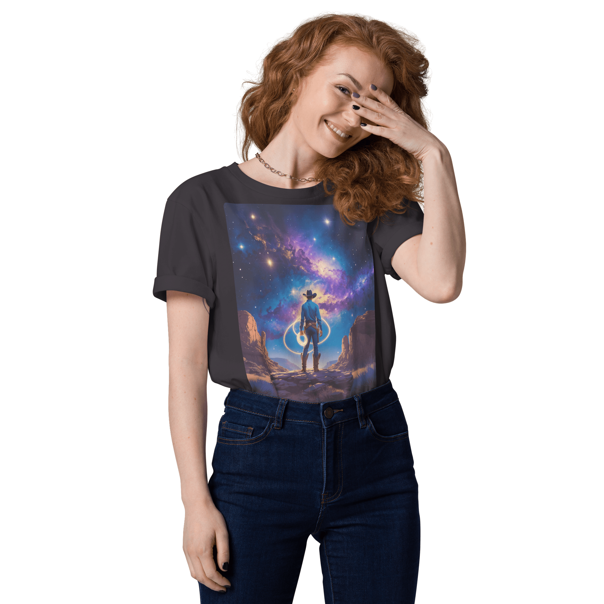 Cosmic Cowboy Organic Cotton T-Shirt - Western Space Art Tee - Design Delight Studio
