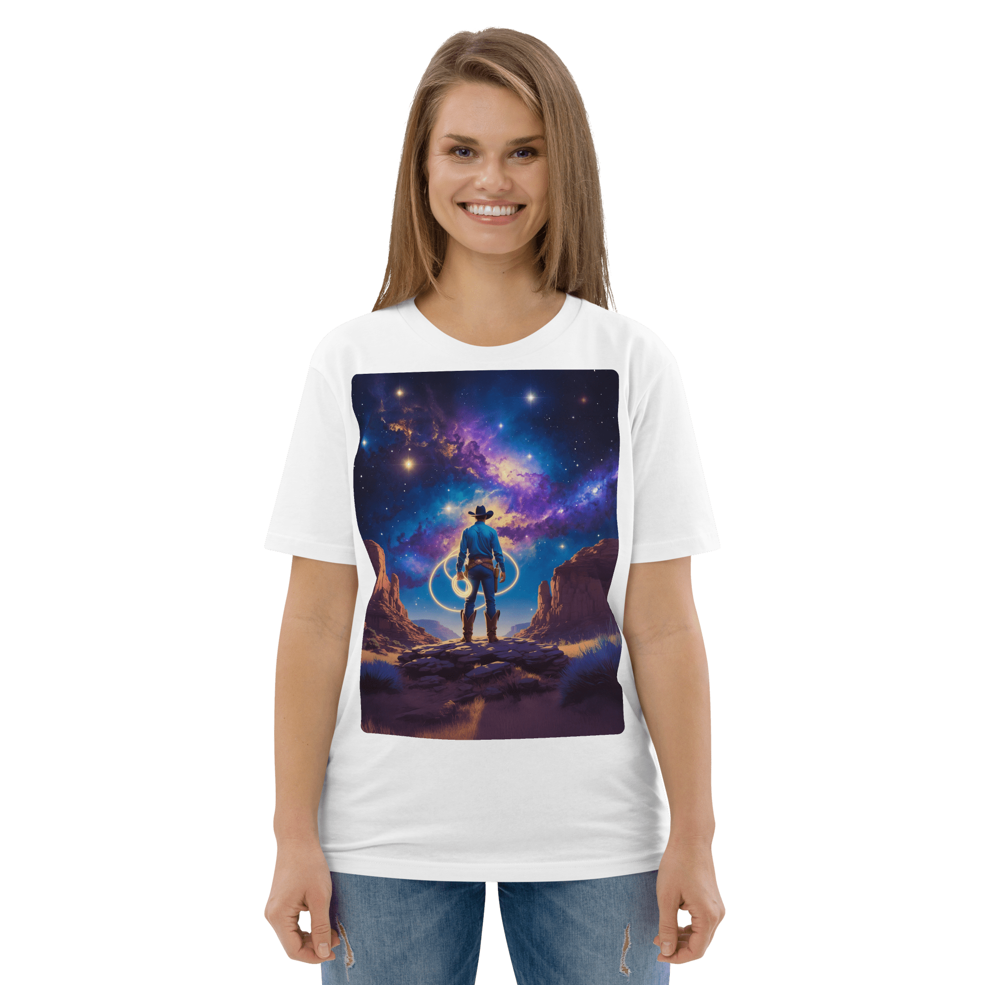 Cosmic Cowboy Organic Cotton T-Shirt - Western Space Art Tee - Design Delight Studio