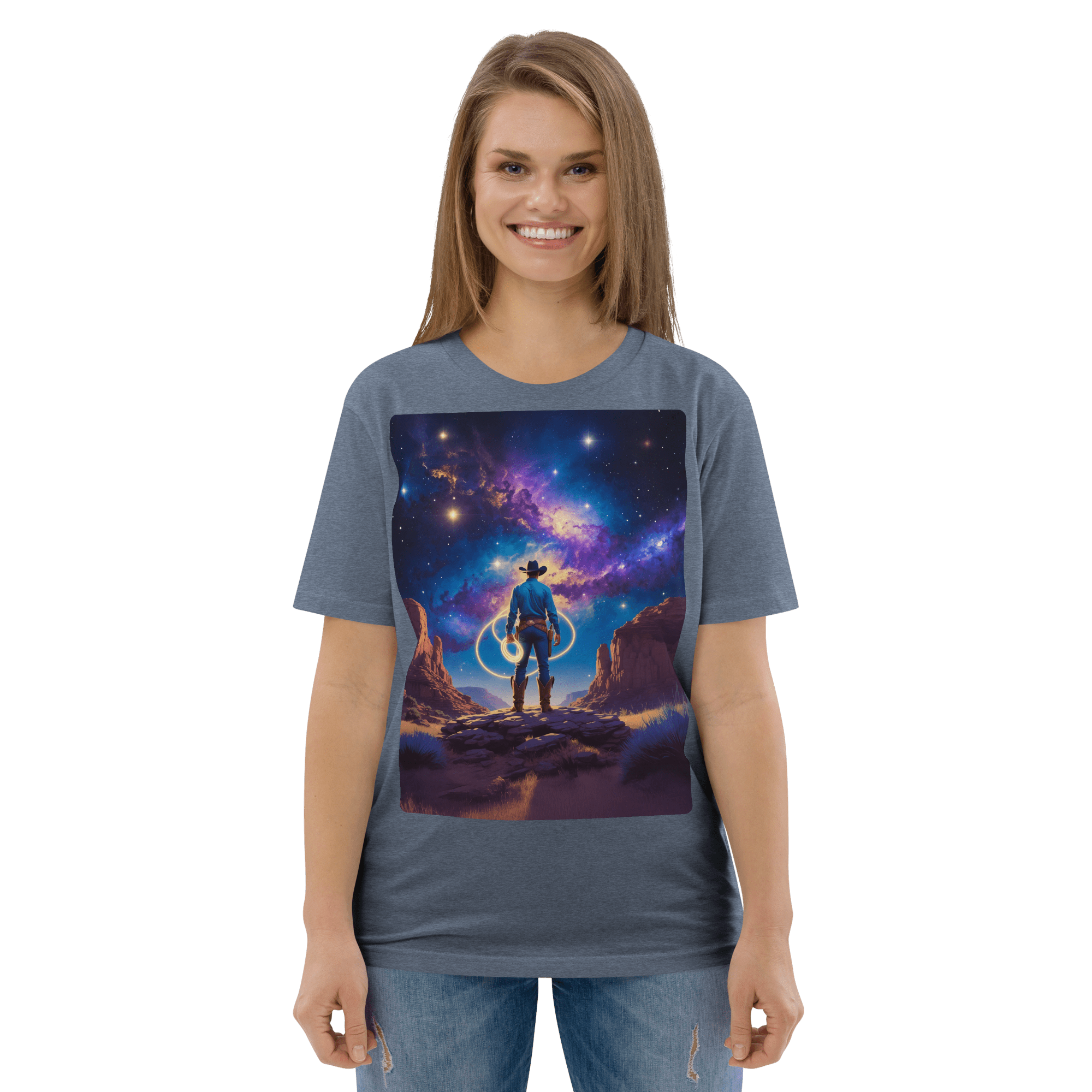 Cosmic Cowboy Organic Cotton T-Shirt - Western Space Art Tee - Design Delight Studio