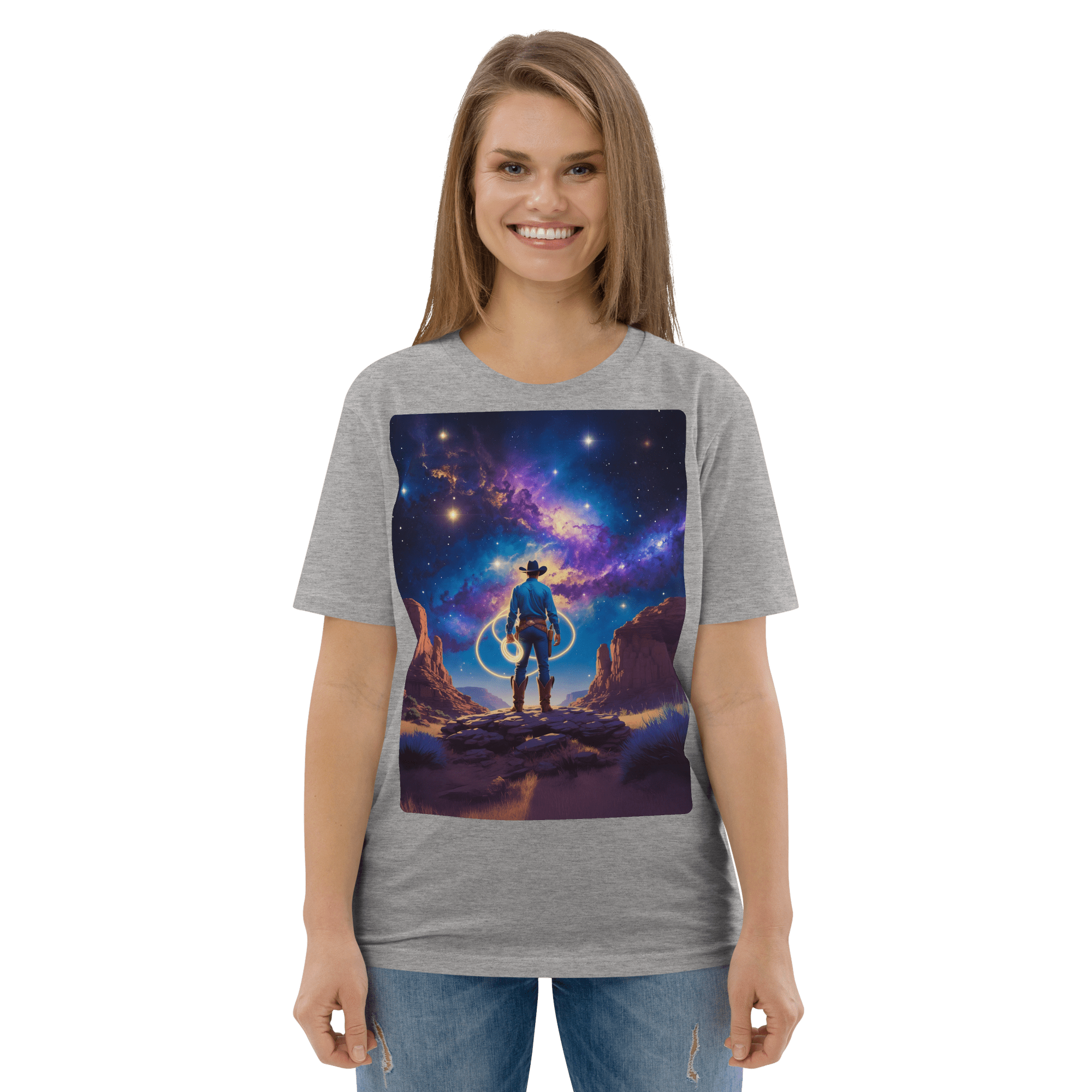 Cosmic Cowboy Organic Cotton T-Shirt - Western Space Art Tee - Design Delight Studio