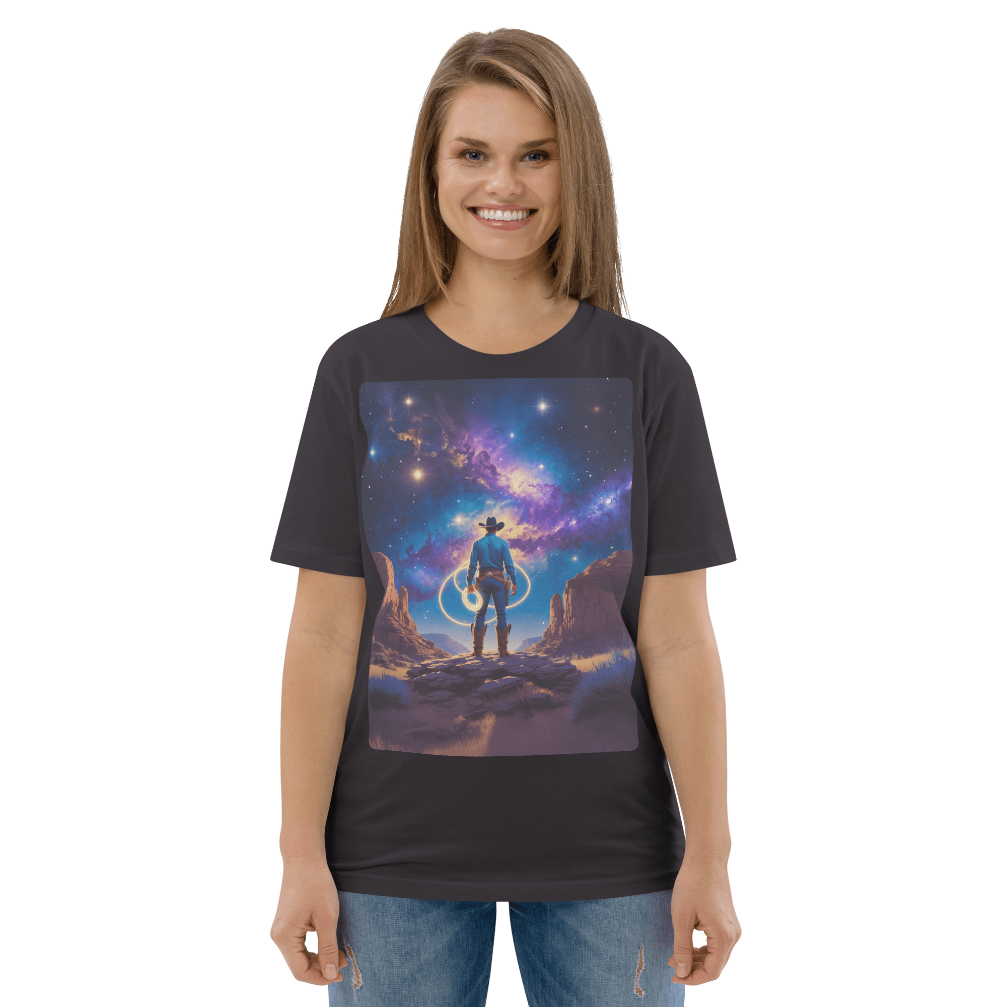 Cosmic Cowboy Organic Cotton T-Shirt - Western Space Art Tee - Design Delight Studio