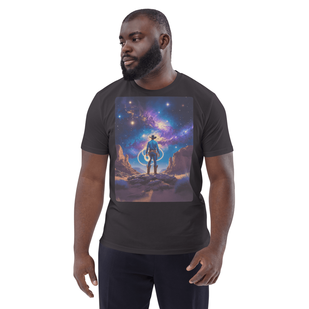 Cosmic Cowboy Organic Cotton T-Shirt - Western Space Art Tee - Design Delight Studio