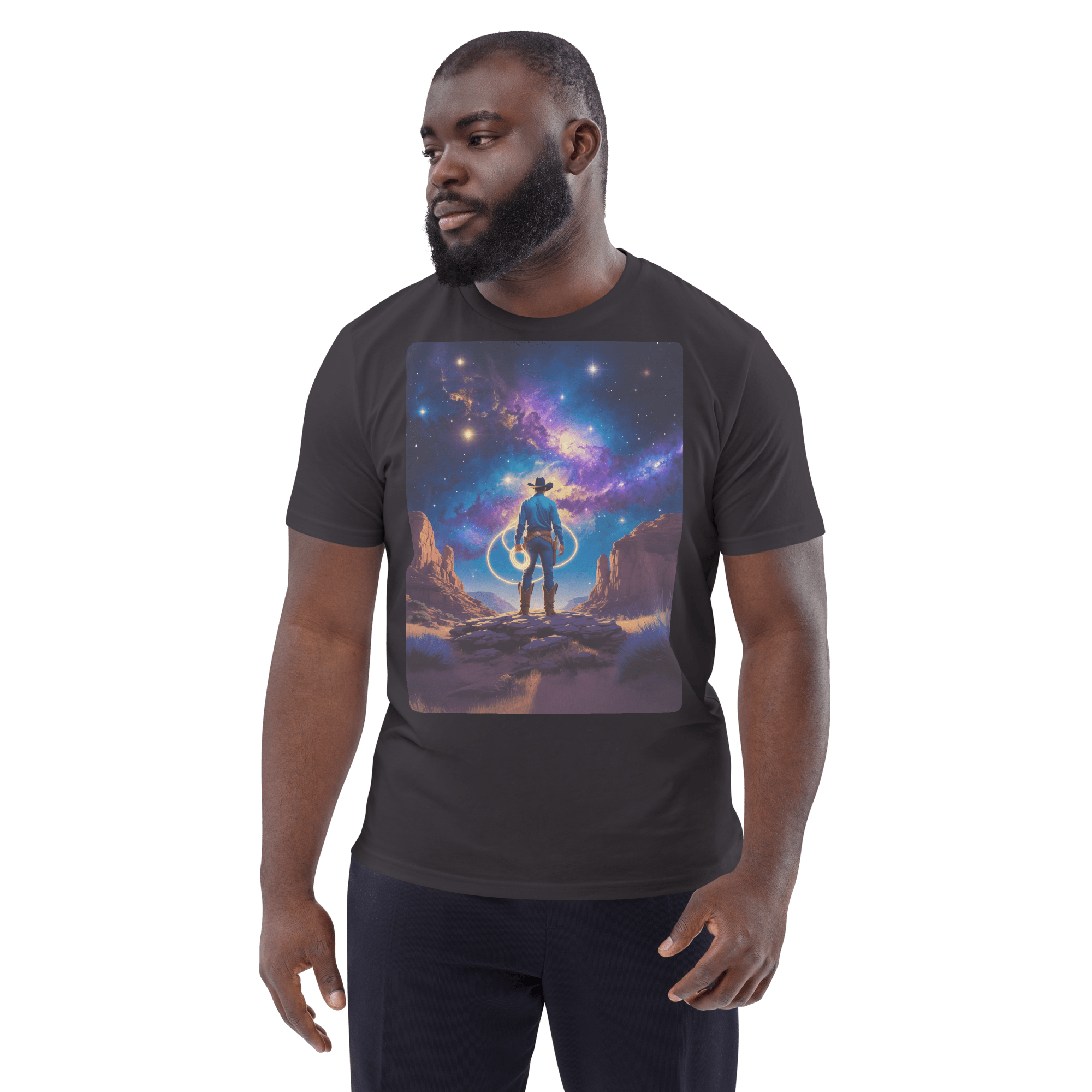 Cosmic Cowboy Organic Cotton T-Shirt - Western Space Art Tee - Design Delight Studio