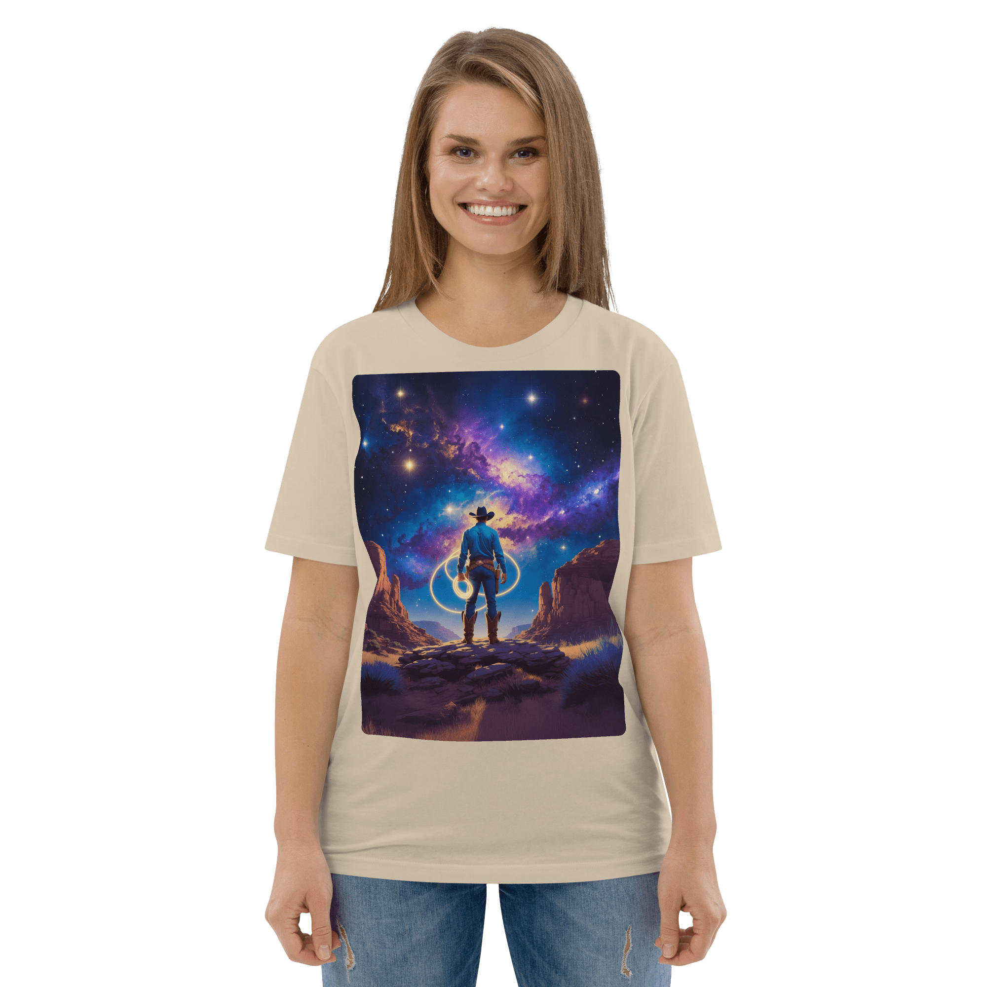Cosmic Cowboy Organic Cotton T-Shirt - Western Space Art Tee - Design Delight Studio