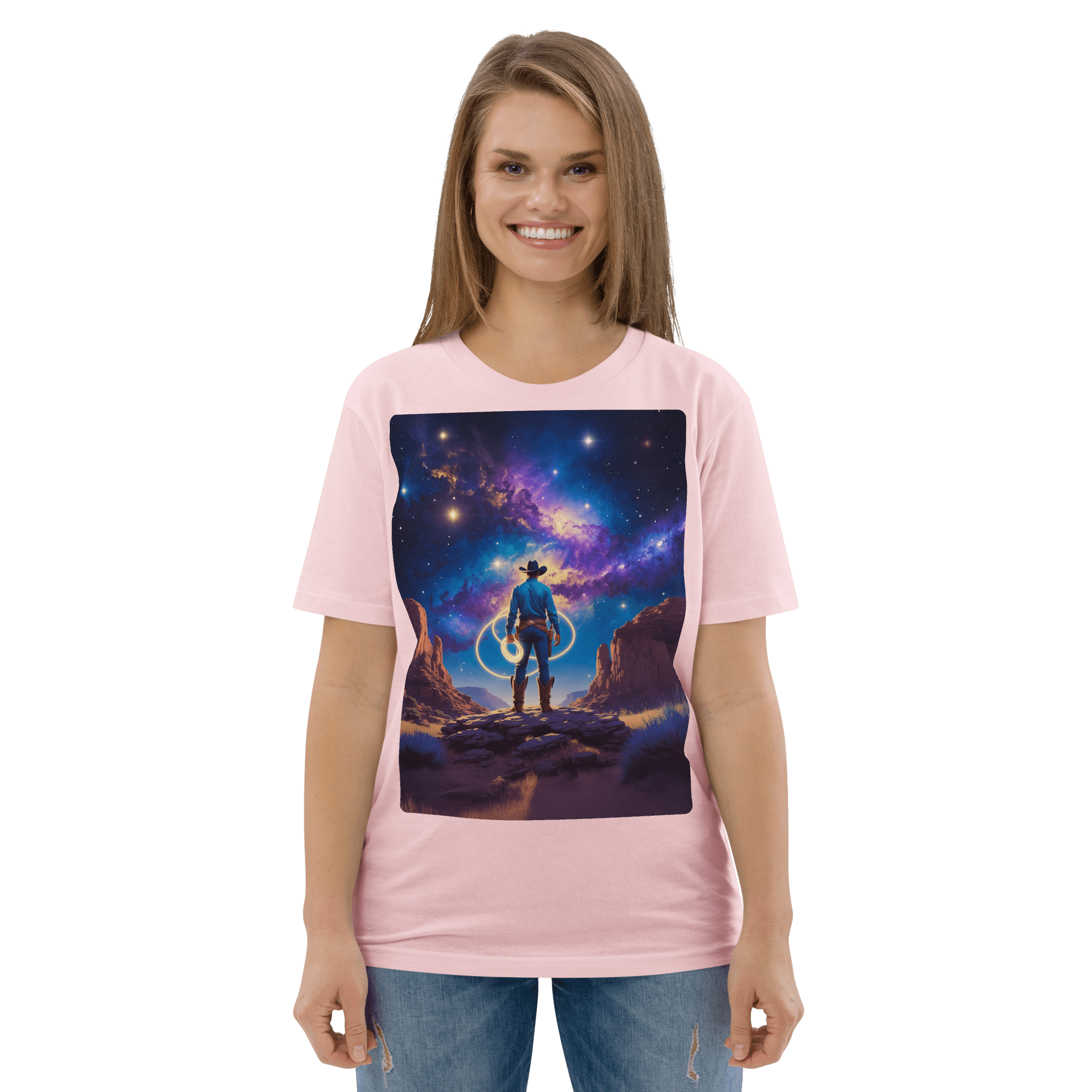 Cosmic Cowboy Organic Cotton T-Shirt - Western Space Art Tee - Design Delight Studio