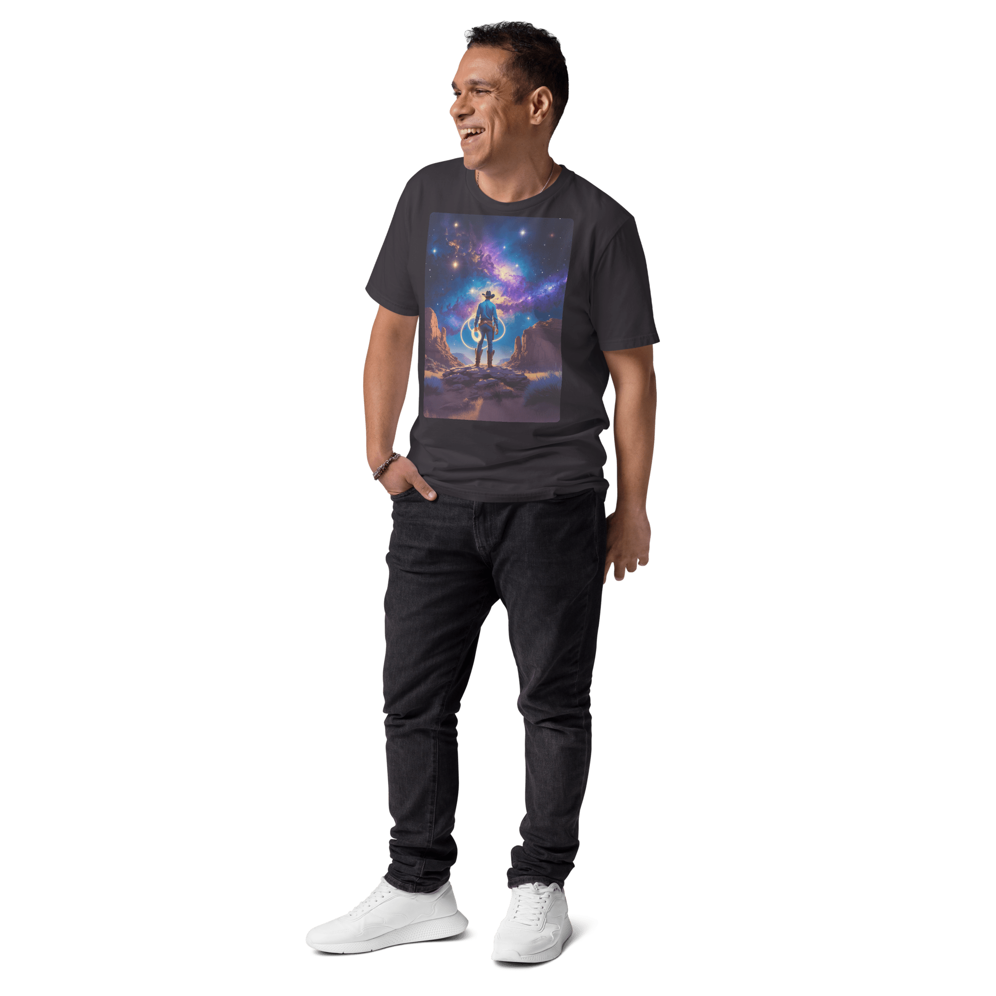 Cosmic Cowboy Organic Cotton T-Shirt - Western Space Art Tee - Design Delight Studio