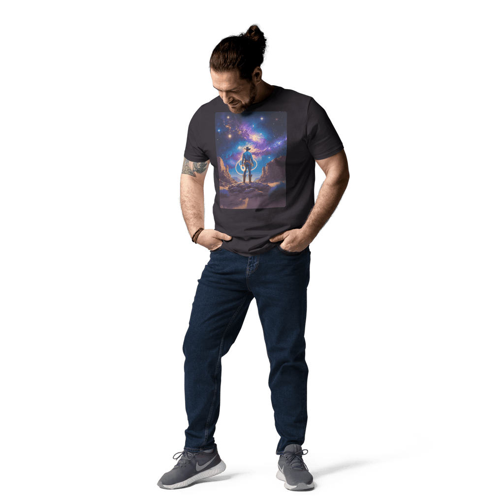 Cosmic Cowboy Organic Cotton T-Shirt - Western Space Art Tee - Design Delight Studio