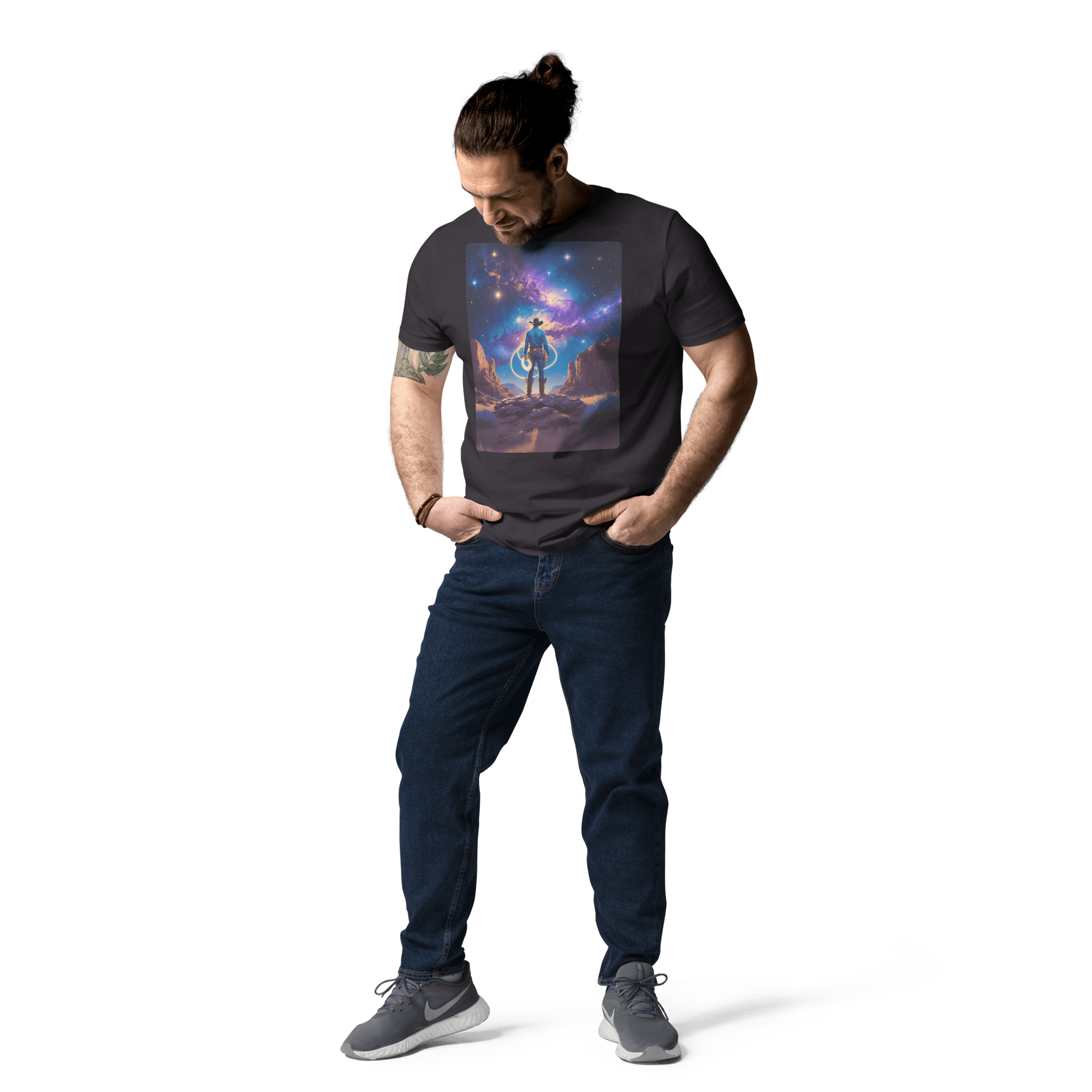 Cosmic Cowboy Organic Cotton T-Shirt - Western Space Art Tee - Design Delight Studio