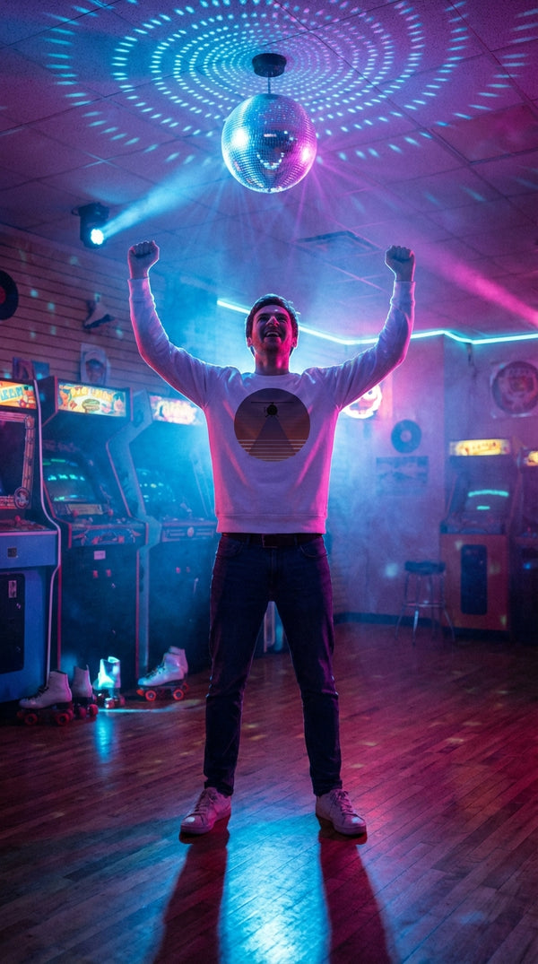 Retro Helicopter Sunset Organic Cotton Sweatshirt - Arcade Champion in Roller Rink - 90s Retro Sustainable