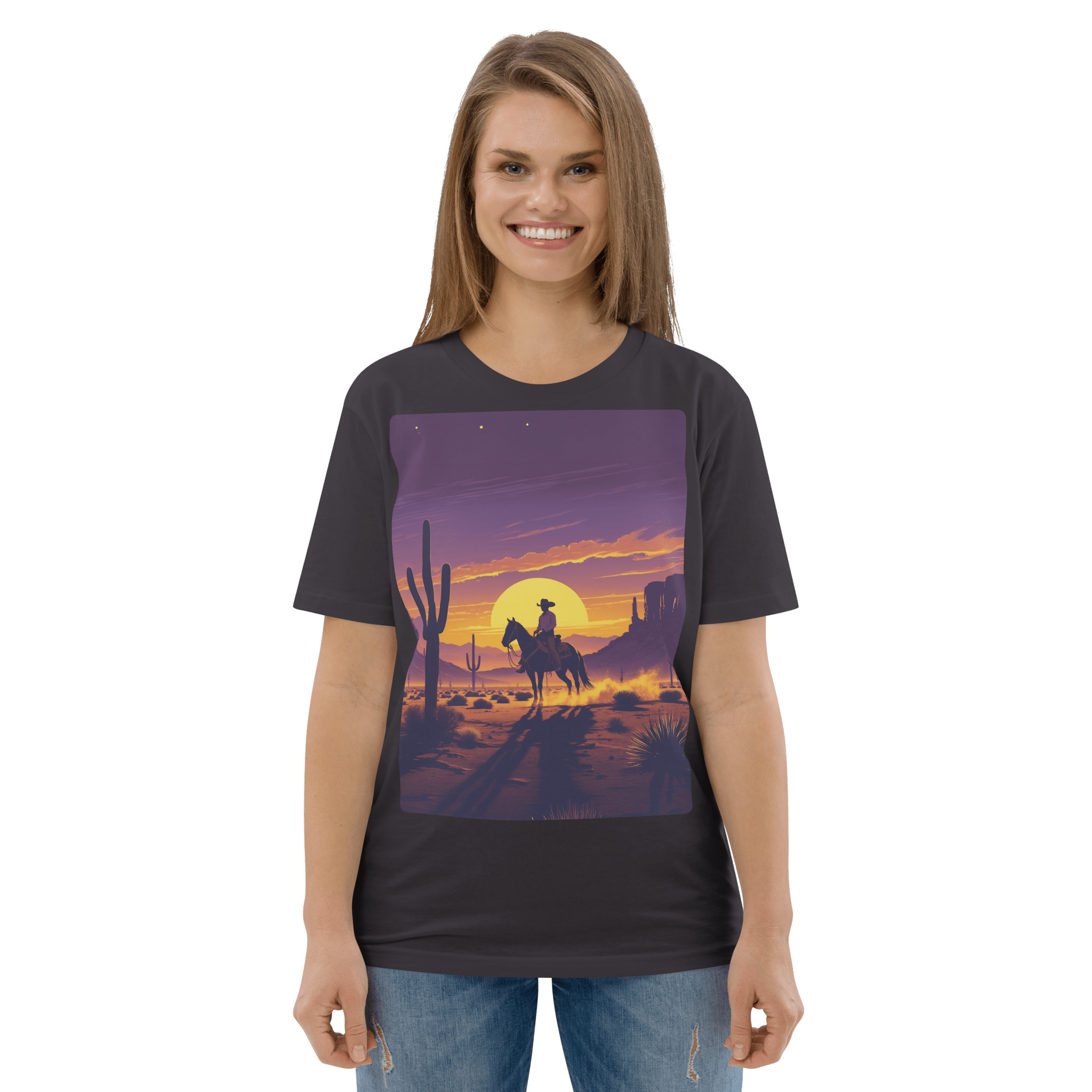 Desert Cowboy Organic Cotton T-Shirt - Western Sunset Graphic Tee - Design Delight Studio