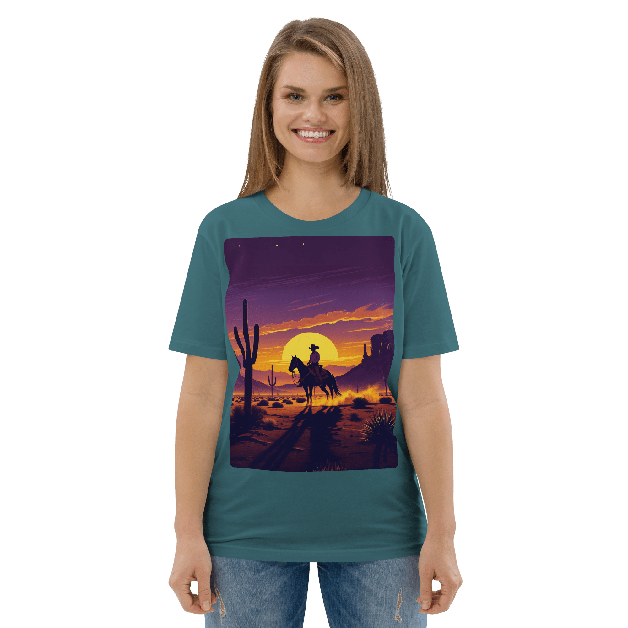 Desert Cowboy Organic Cotton T-Shirt - Western Sunset Graphic Tee - Design Delight Studio