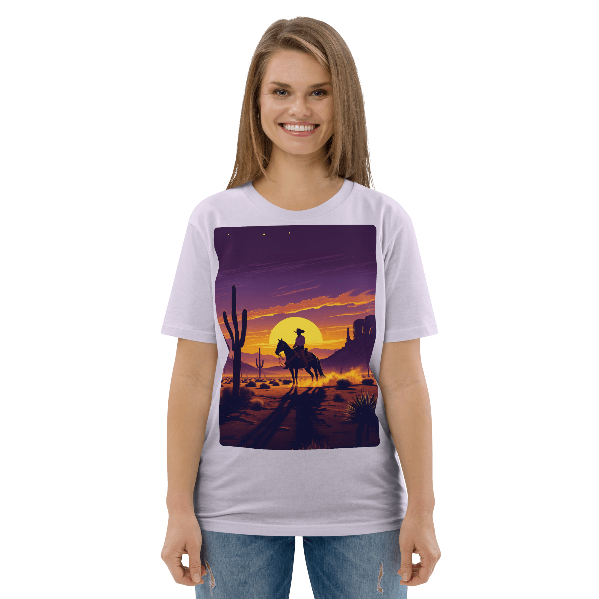 Desert Cowboy Organic Cotton T-Shirt - Western Sunset Graphic Tee - Design Delight Studio