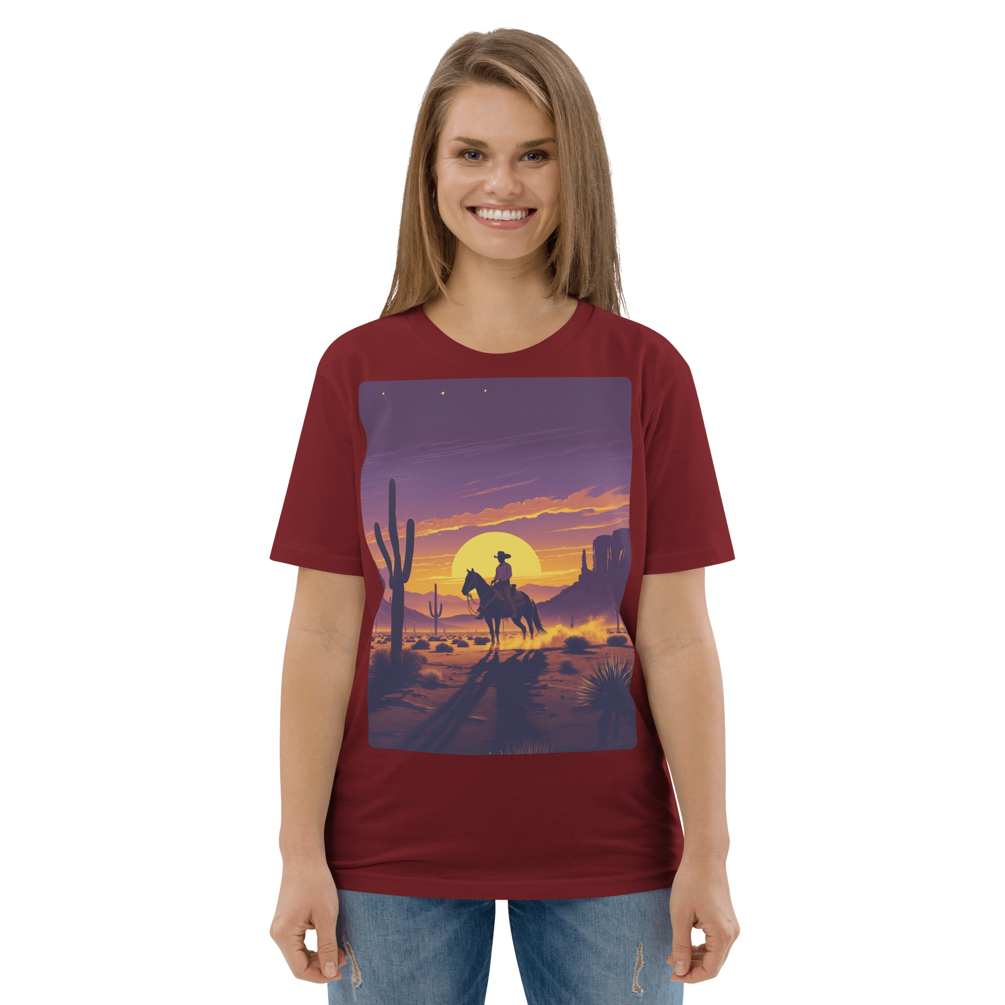 Desert Cowboy Organic Cotton T-Shirt - Western Sunset Graphic Tee - Design Delight Studio