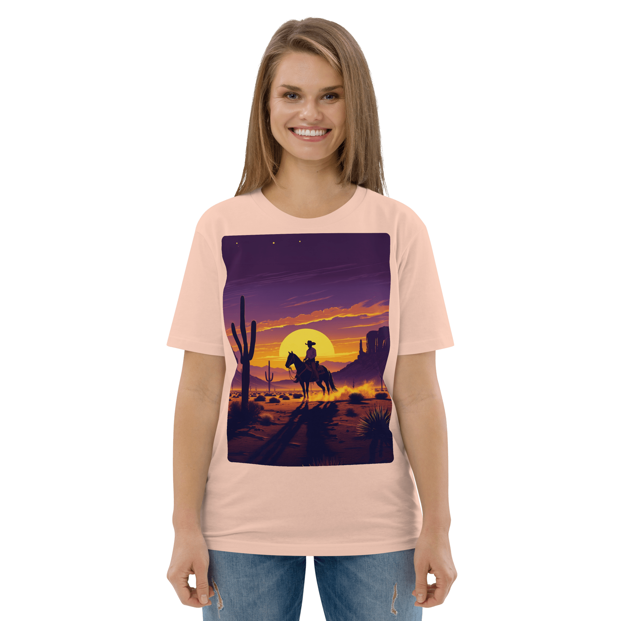 Desert Cowboy Organic Cotton T-Shirt - Western Sunset Graphic Tee - Design Delight Studio