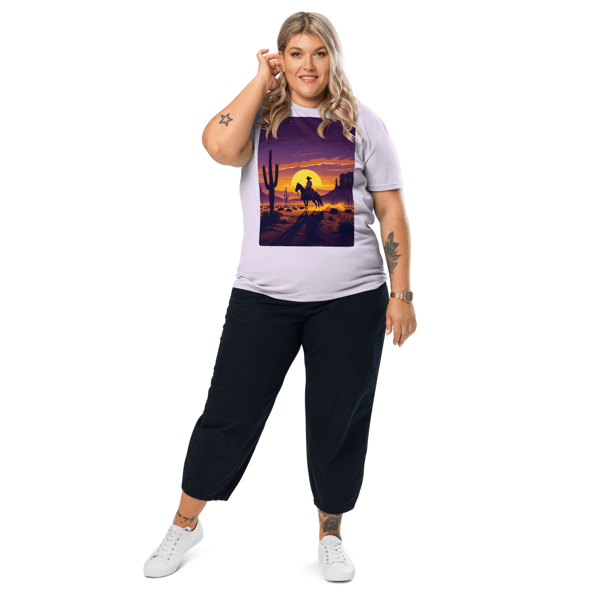 Desert Cowboy Organic Cotton T-Shirt - Western Sunset Graphic Tee - Design Delight Studio